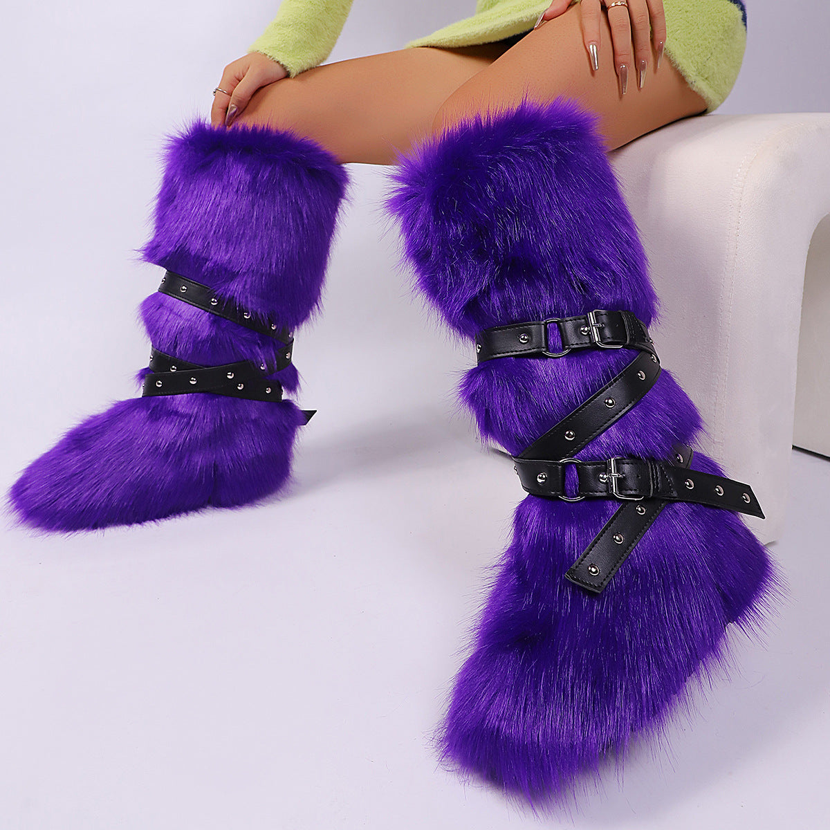 HOT Purple Faux Fur Purple Fuzzy Boots Wild Instincts Faux Fur