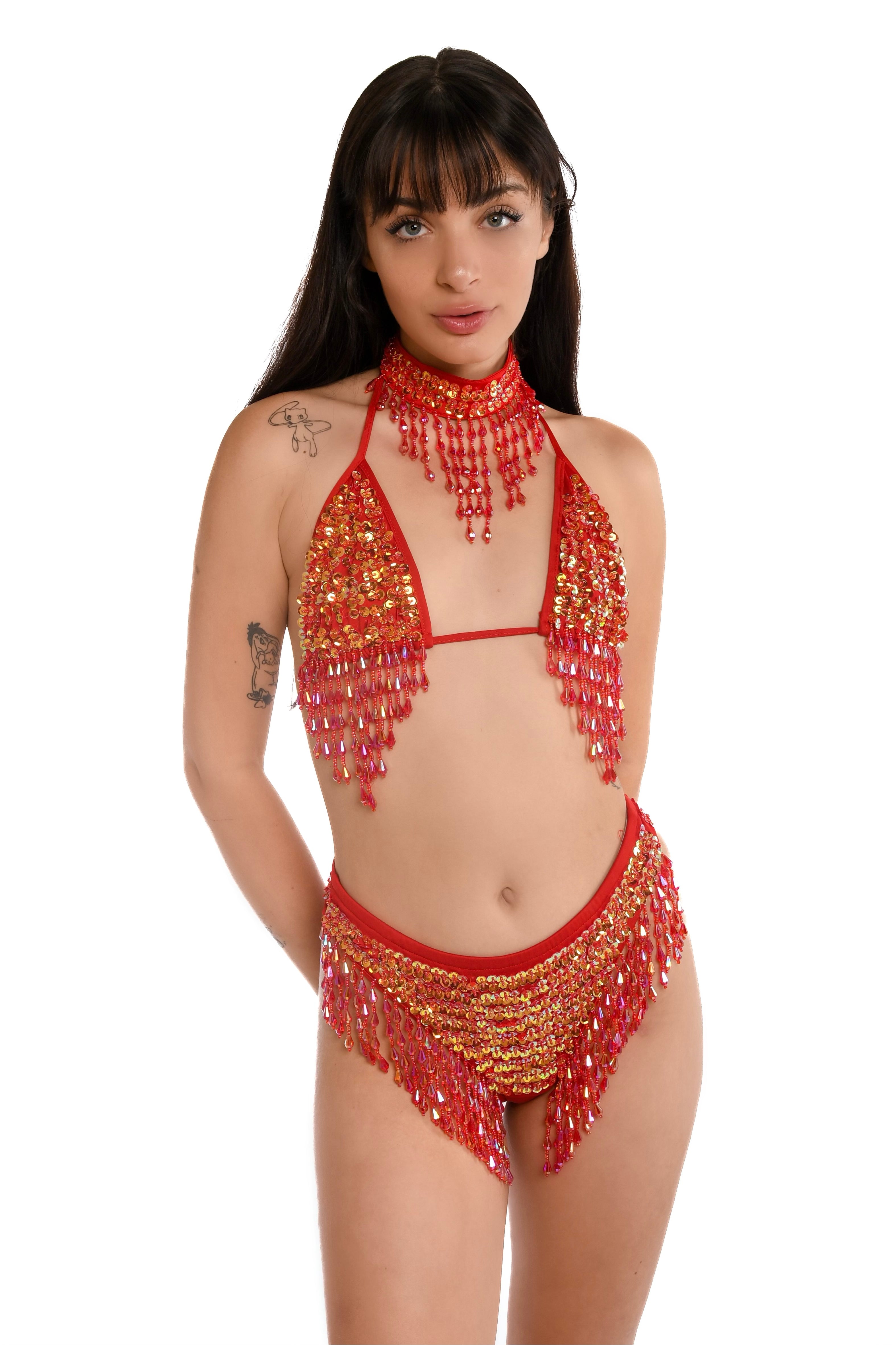 Hand Stitched Sequin Bottoms- Flame Red
