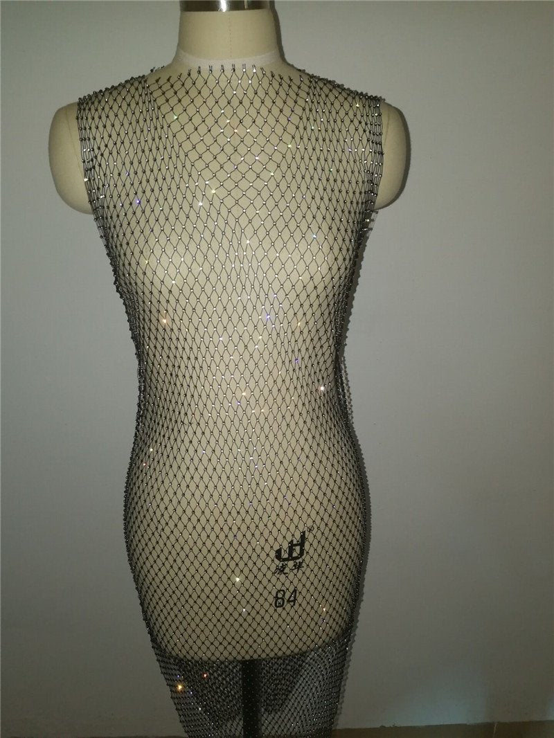 Rhinestone Black Fishnet Dress - Body Jewelry