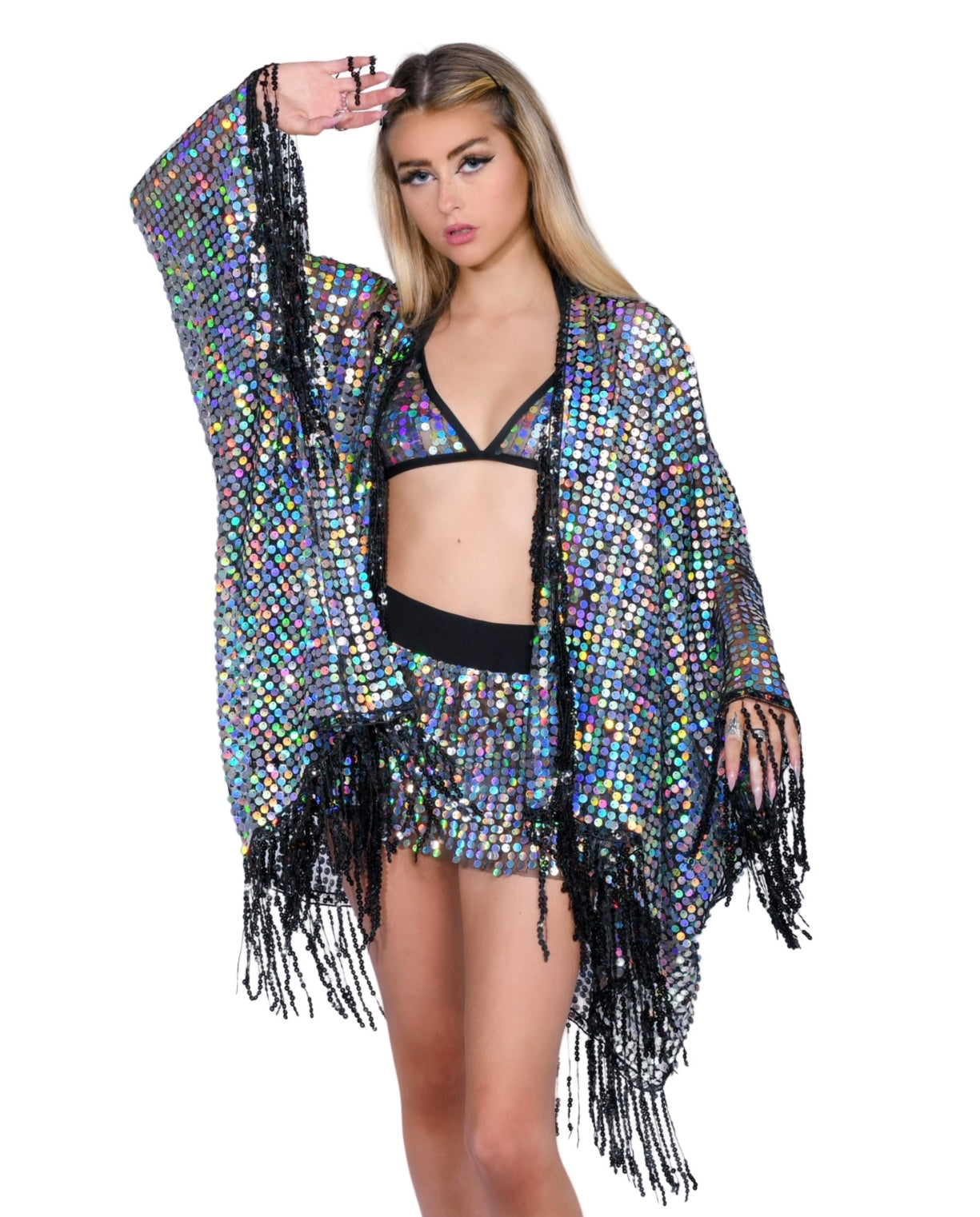 Disco Sequin Tassel Kimono - Holographic