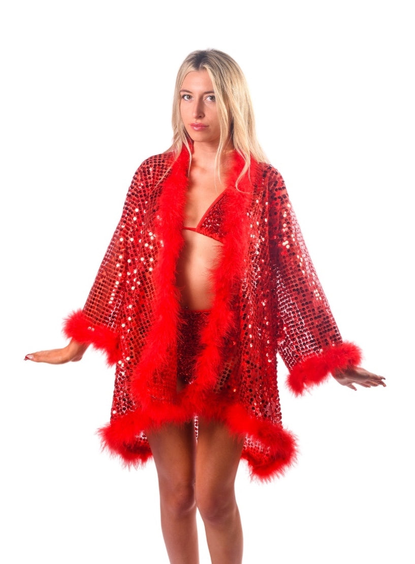 Sequin Fuzzy Kimono- Ruby Red