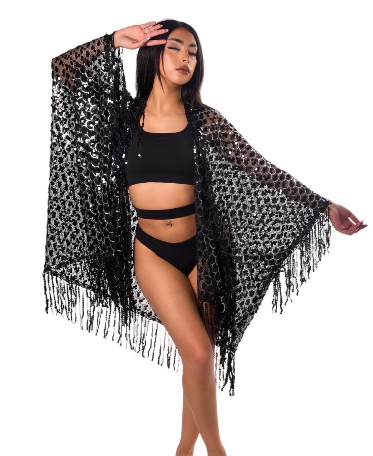 Sequin Tassel Kimono- Black Treasure