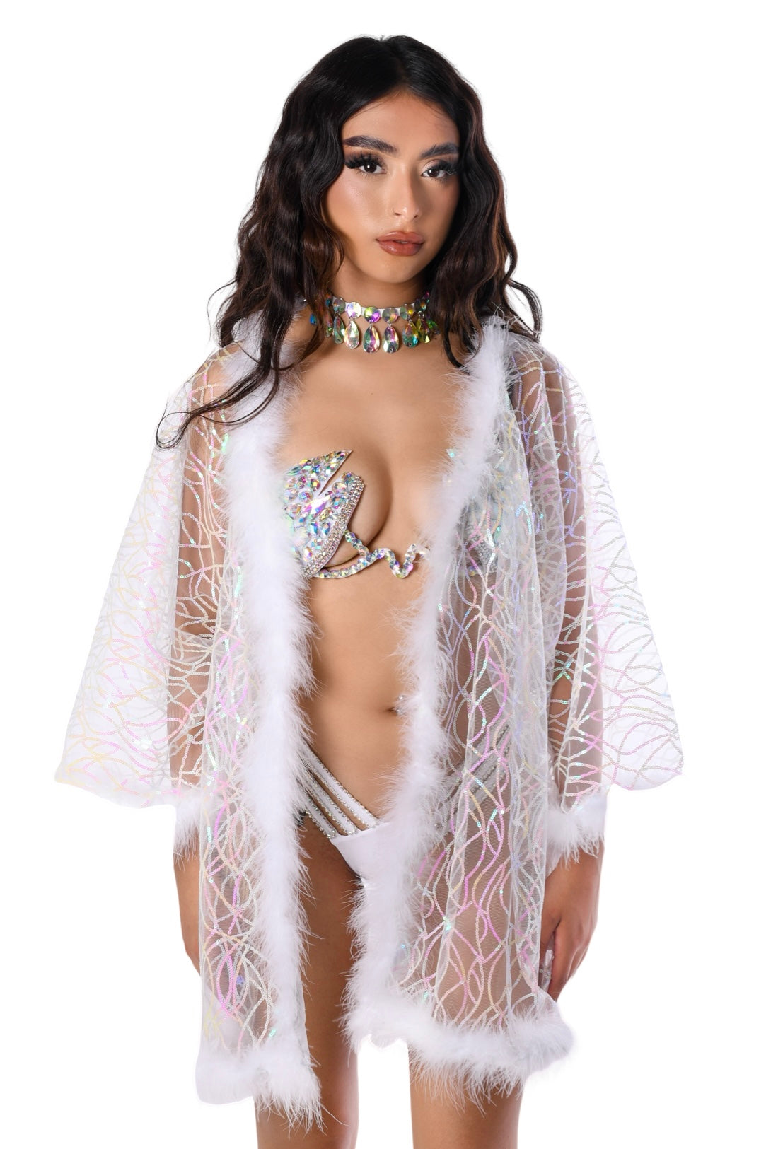 Fuzzy Sequin Kimono- Ice Pixie