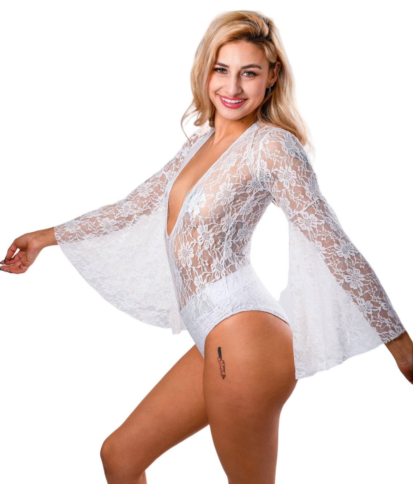 Unholy Mesh And Lace Bodysuit With Detachable Bell Sleeves - Off White
