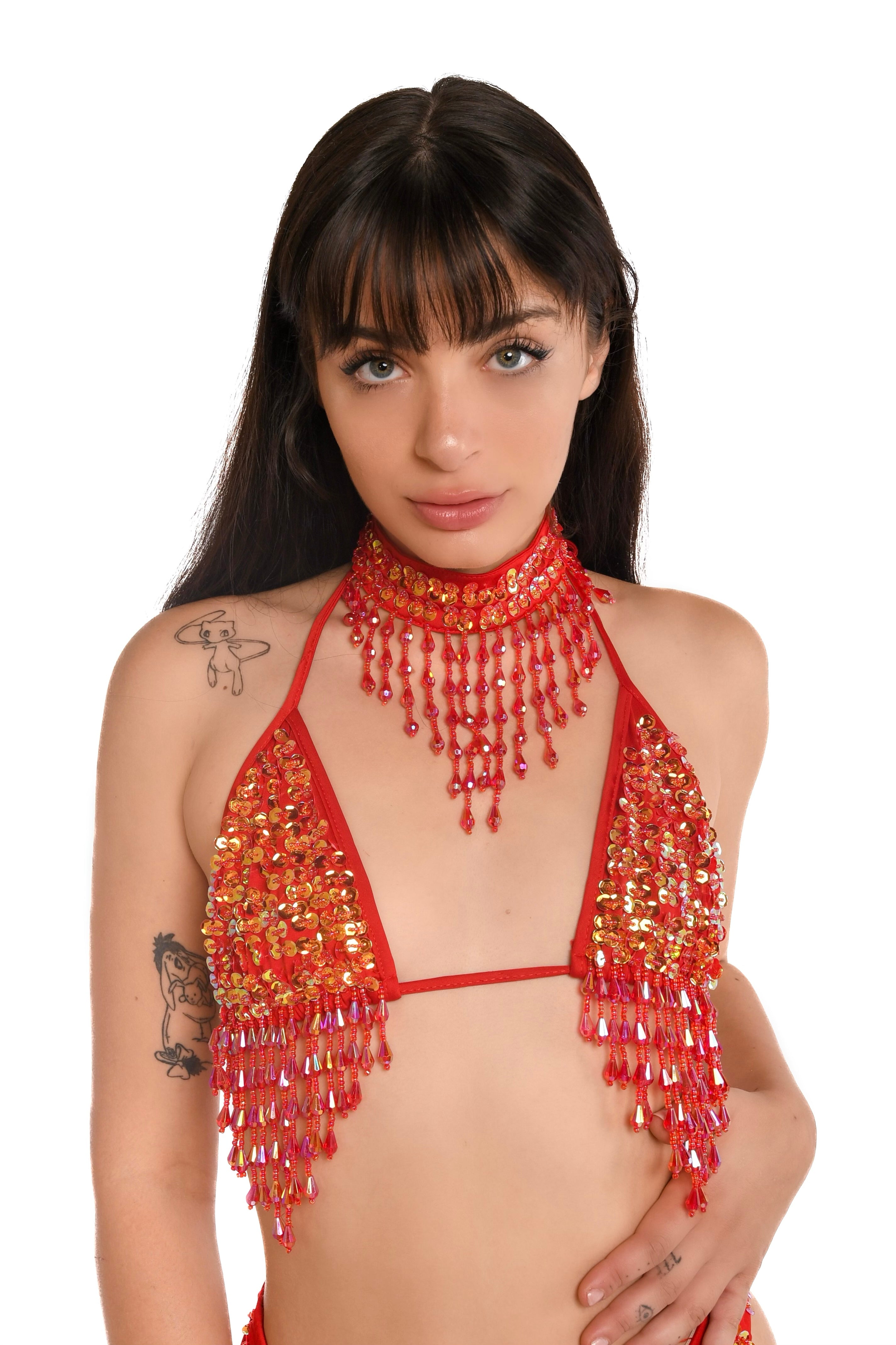 Hand Stitched Sequin Top- Flame Red