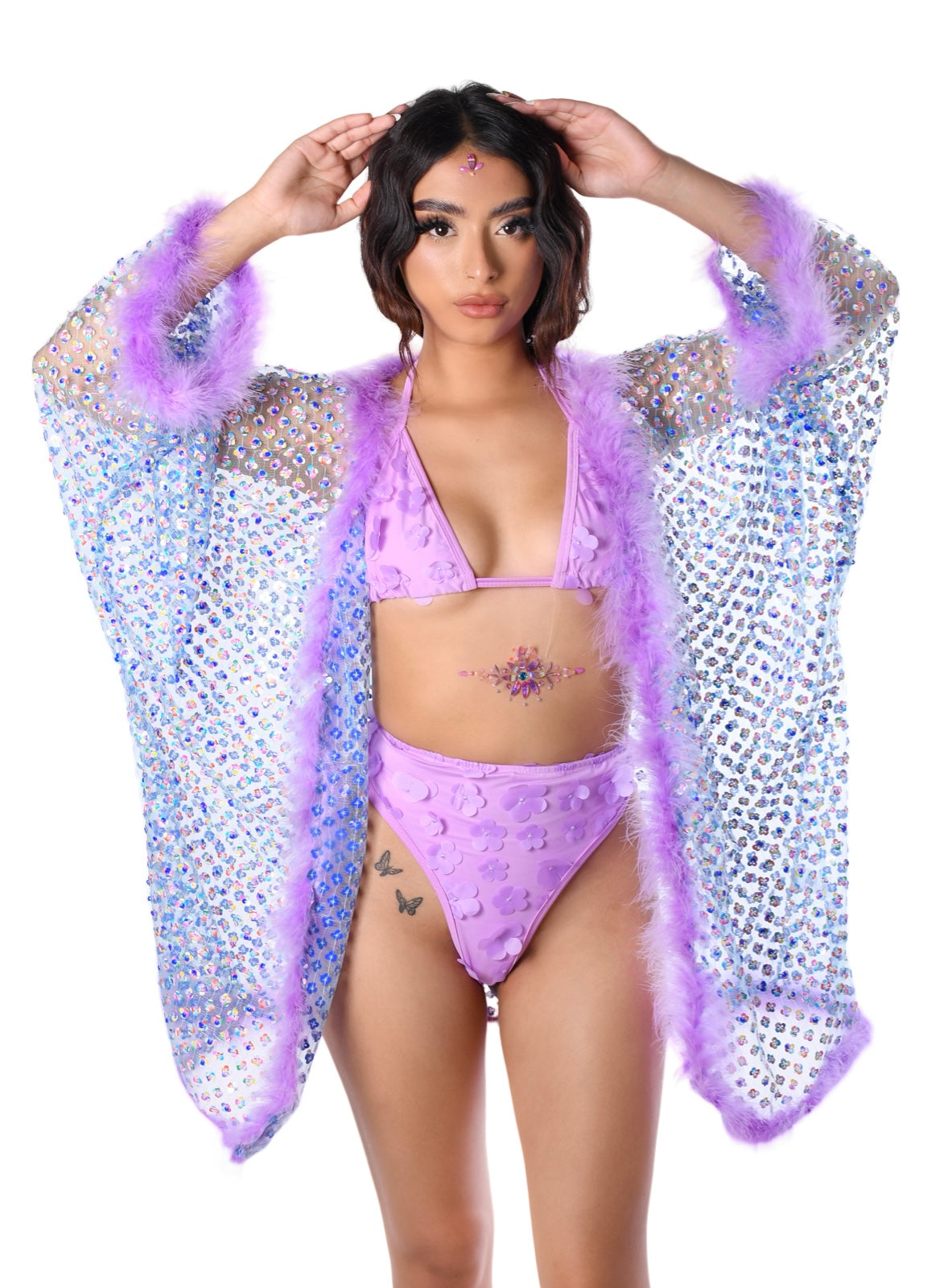 Fuzzy Sequin Kimono- Violet Daze