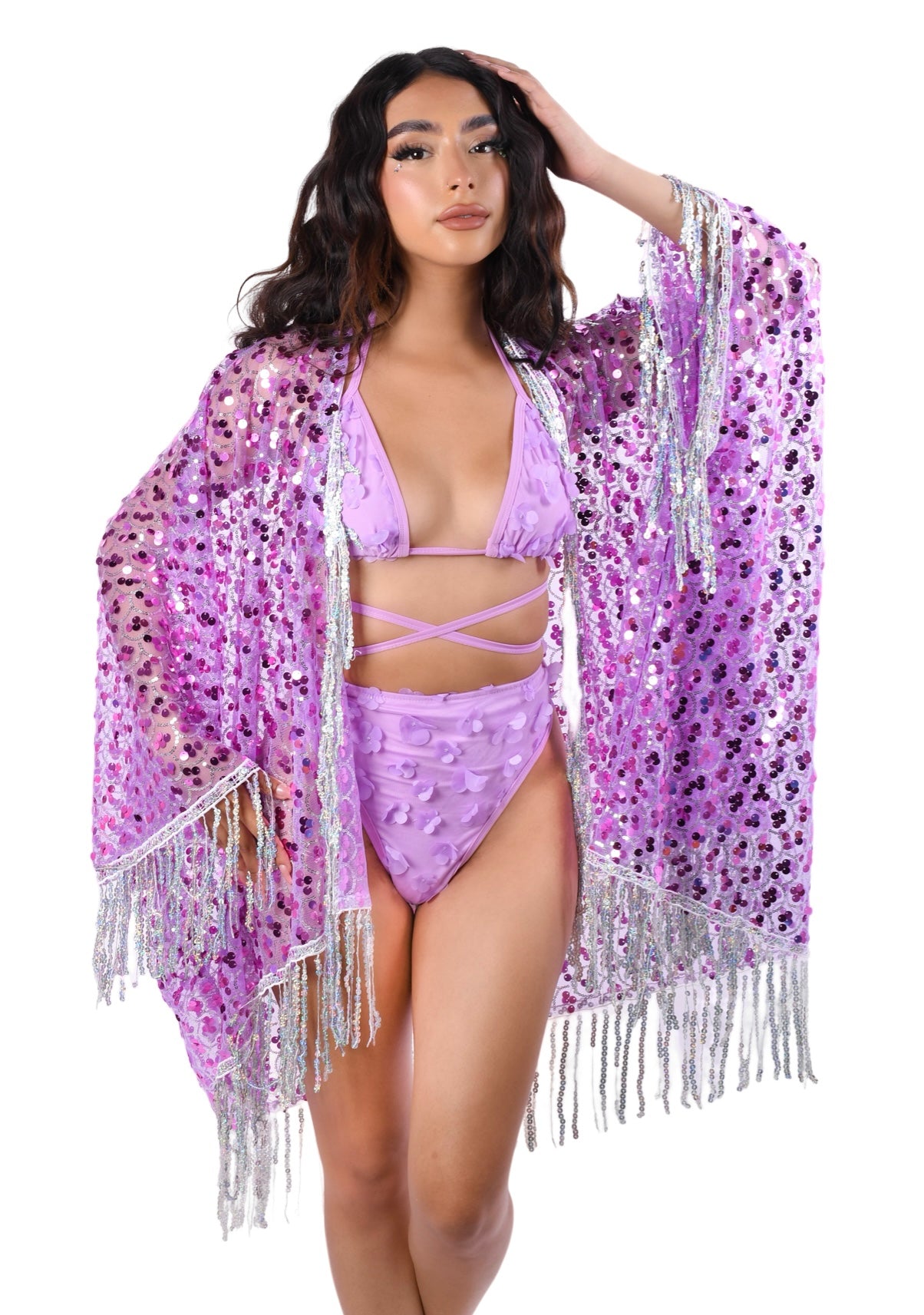 Disco Sequin Tassel Kimono - Lavender
