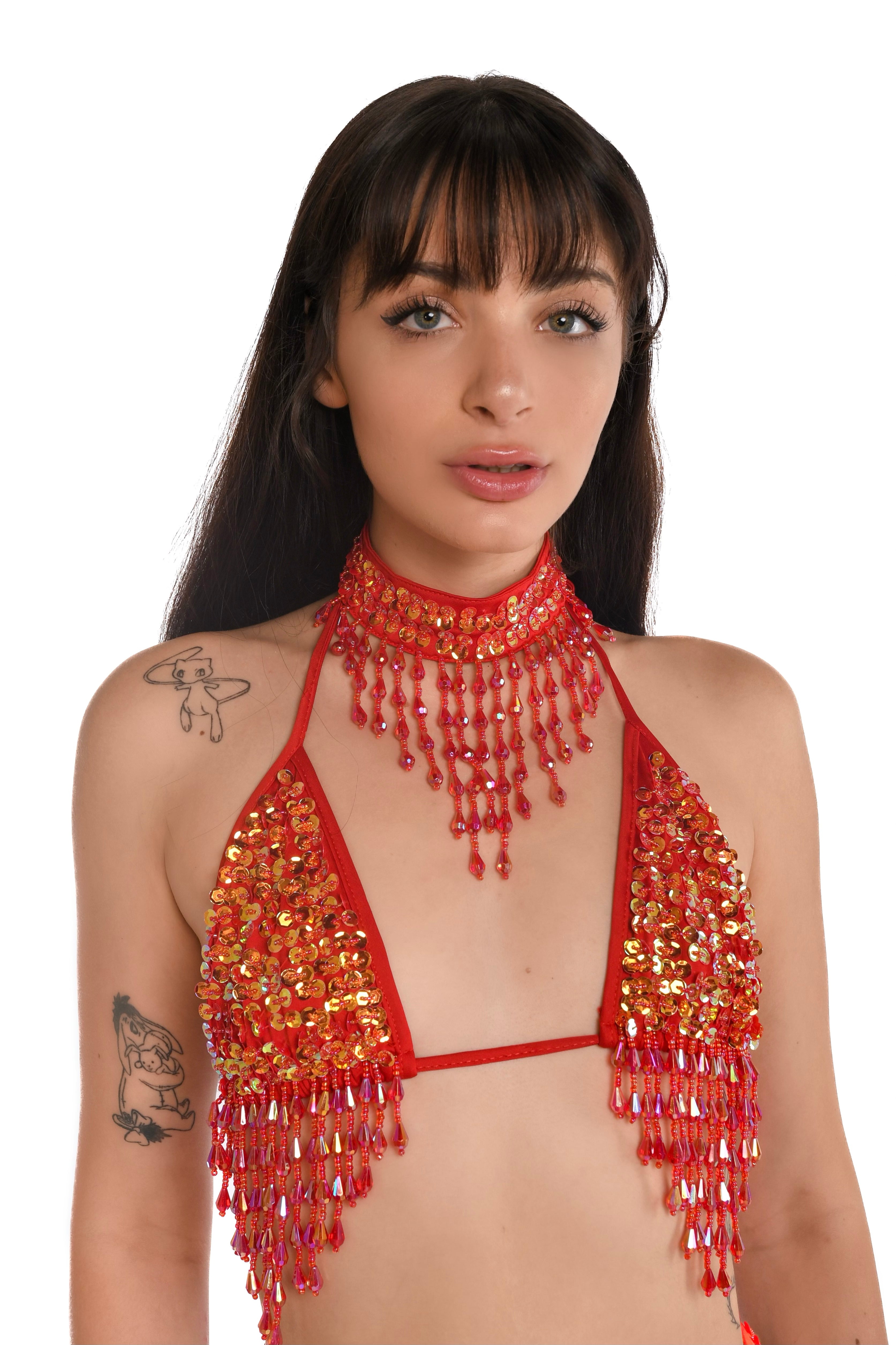 Hand Stitched Sequin Choker- Flame Red