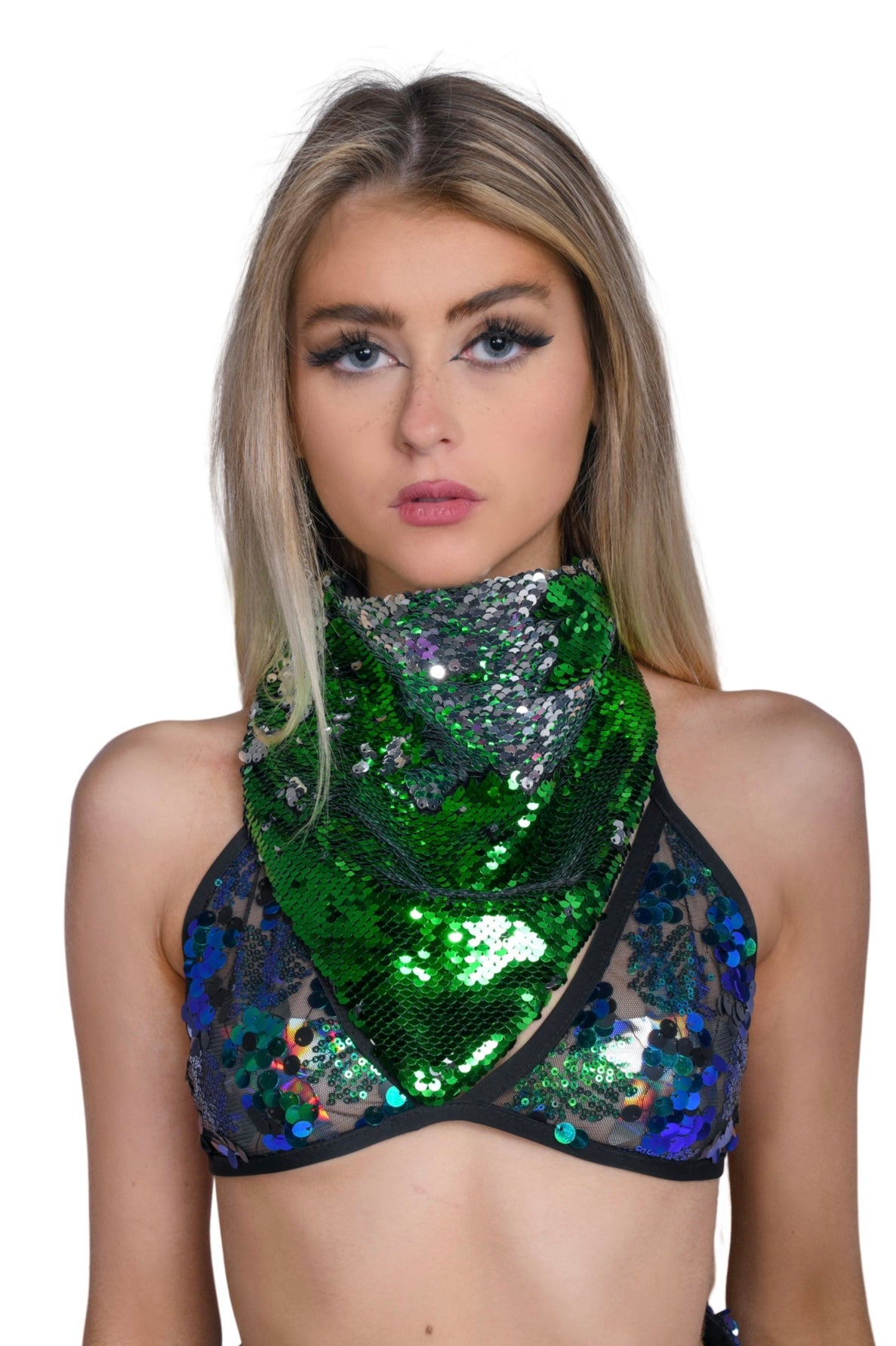 Reversible Sequin Bandana & Face Mask - Silver & Grass
