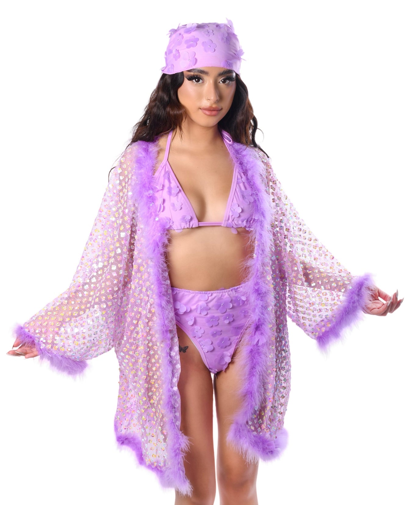 Fuzzy Sequin Kimono- Lilac Daisy