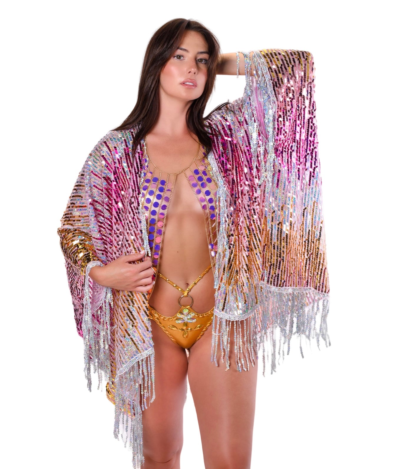 Sequin Tassel Kimono- Pink Glitter