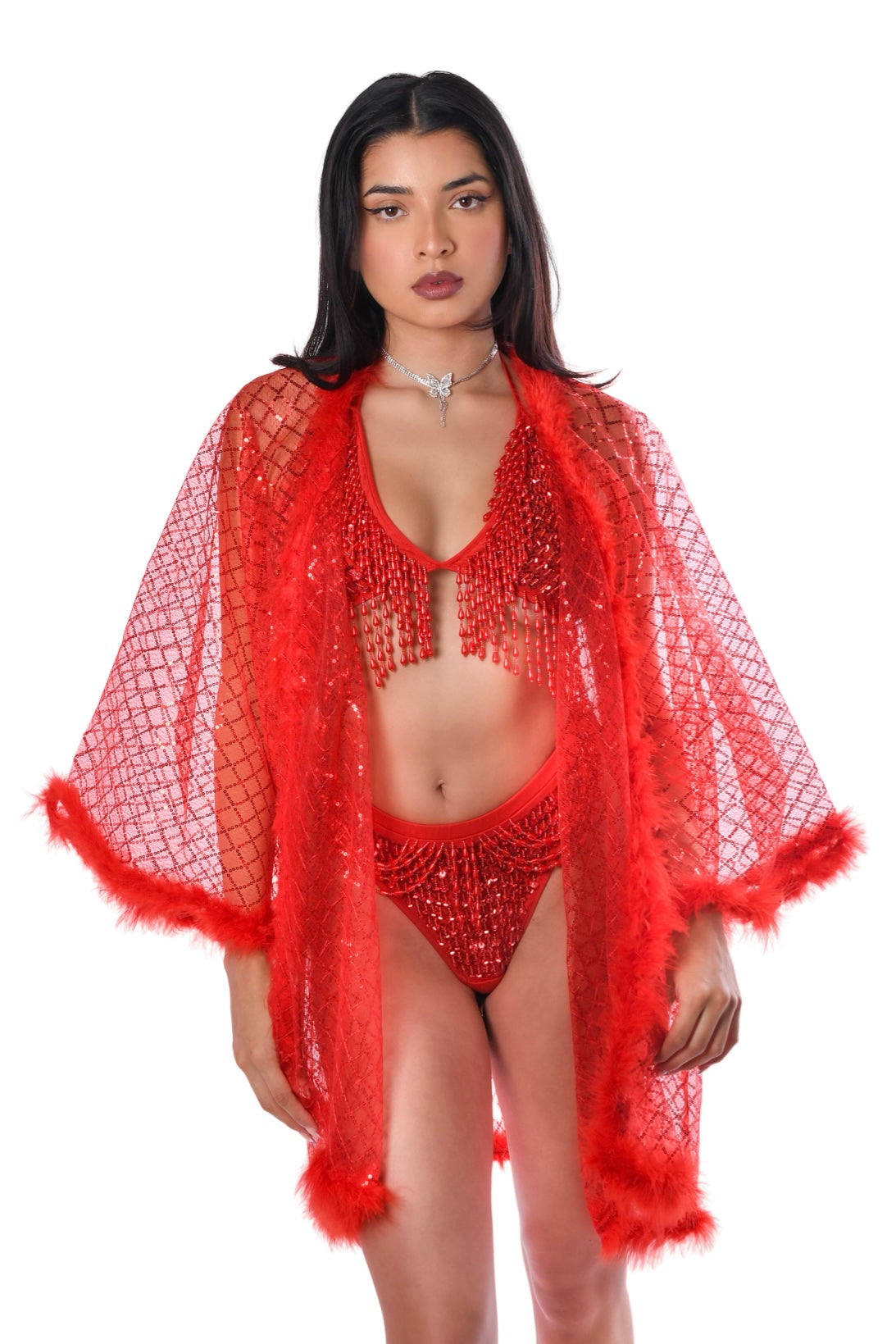 Fuzzy Sequin Kimono - Red Glitter