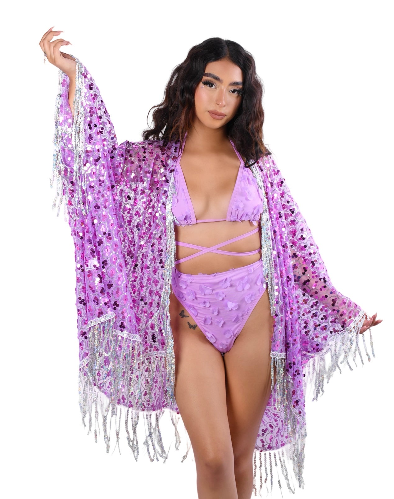 Disco Sequin Tassel Kimono - Lavender