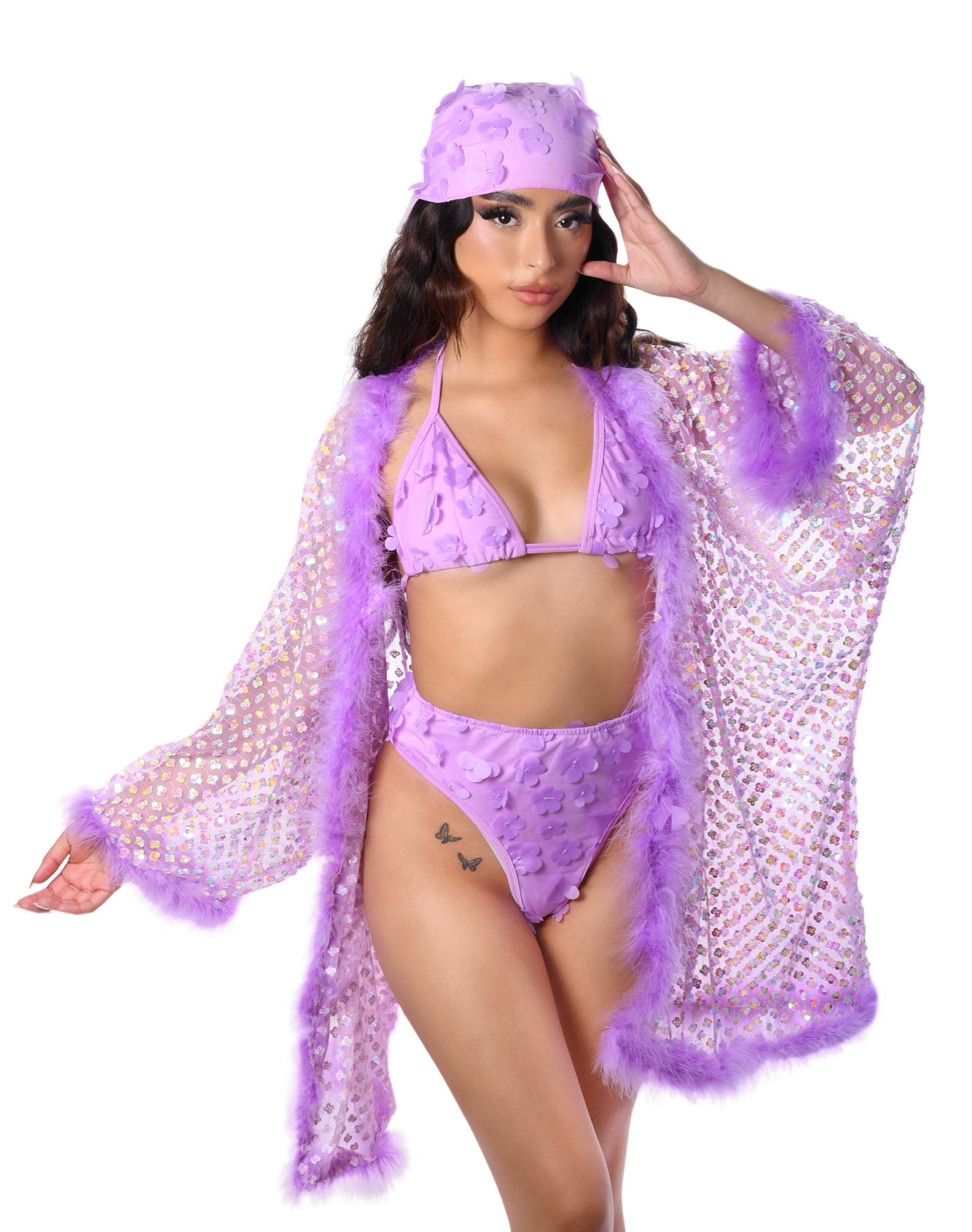 Fuzzy Sequin Kimono- Lilac Daisy