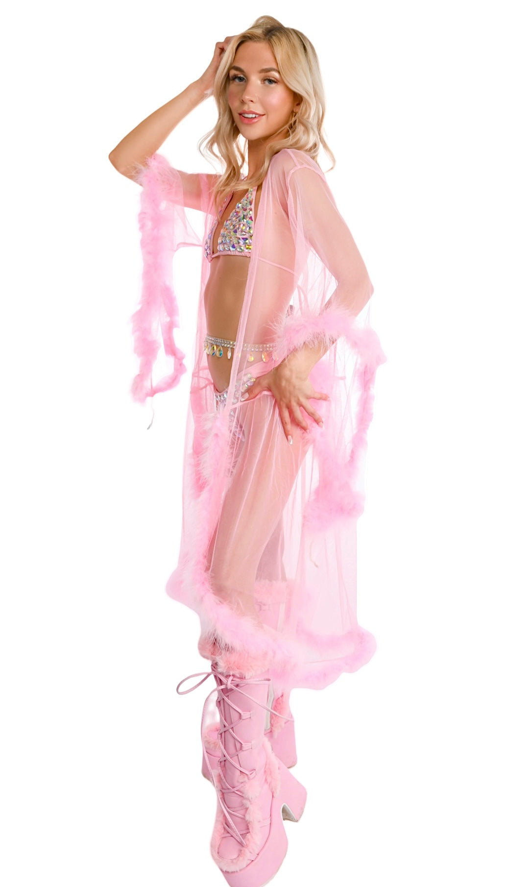 Fuzzy Long Kimono- Pink Belle