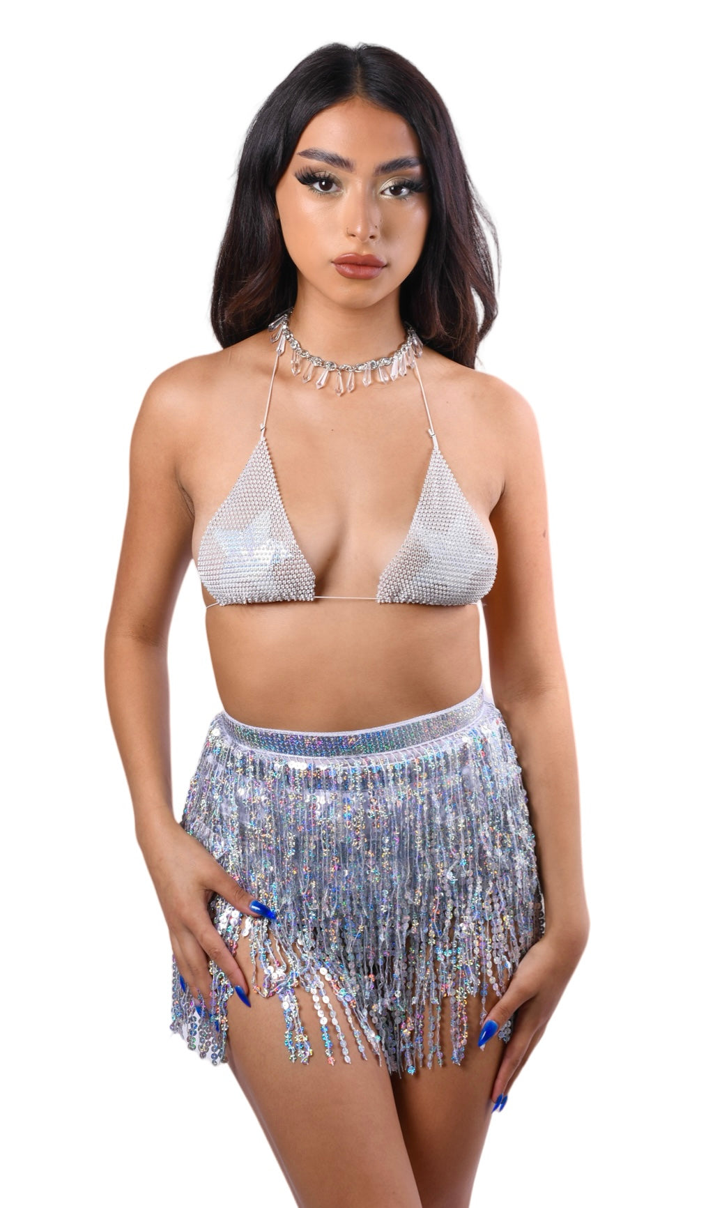 Iridescent White Crystal High Waisted Pastie and Panty Set - Like A Kitten