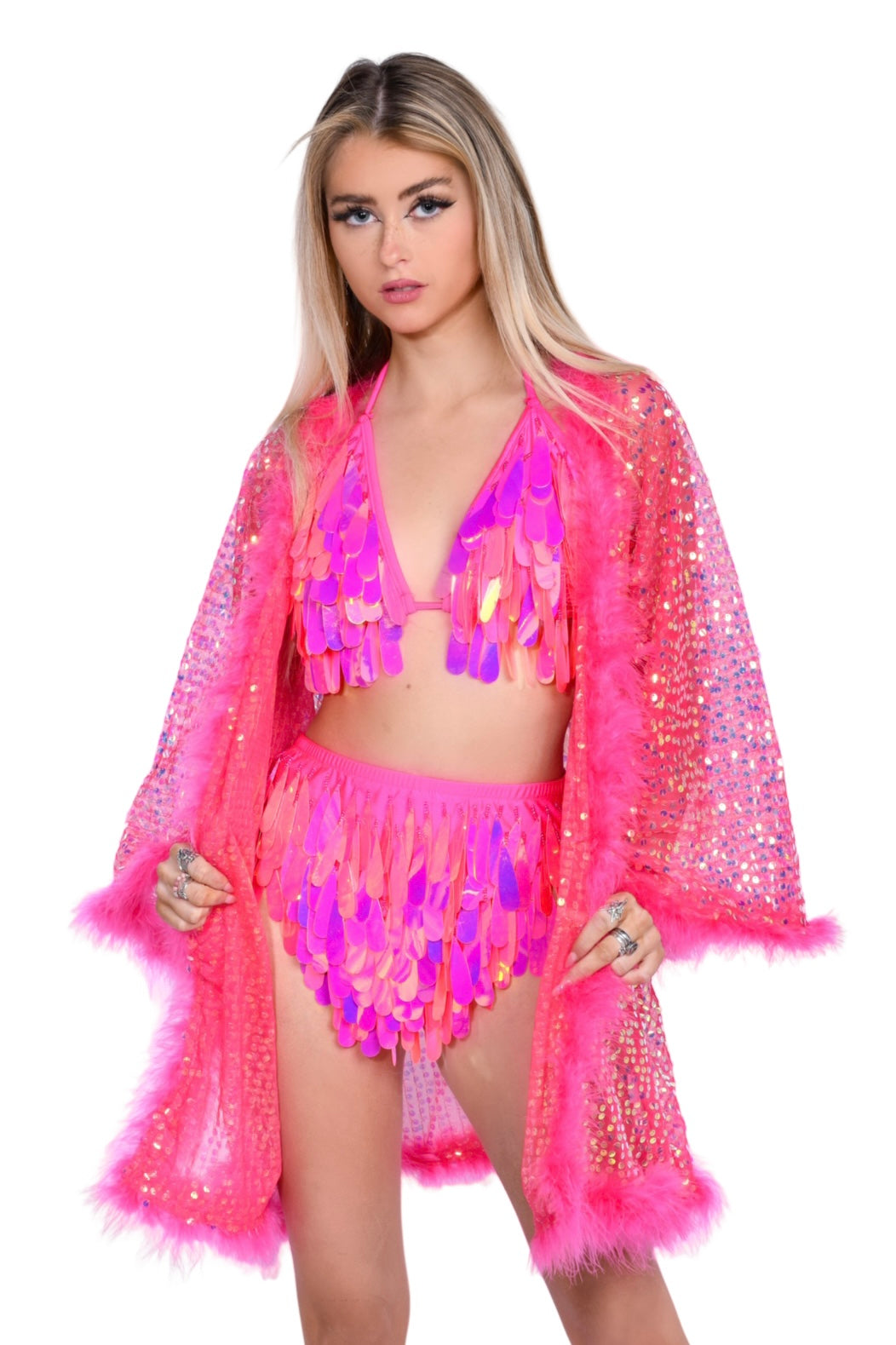 Fuzzy Sequin Kimono- Rose Pink