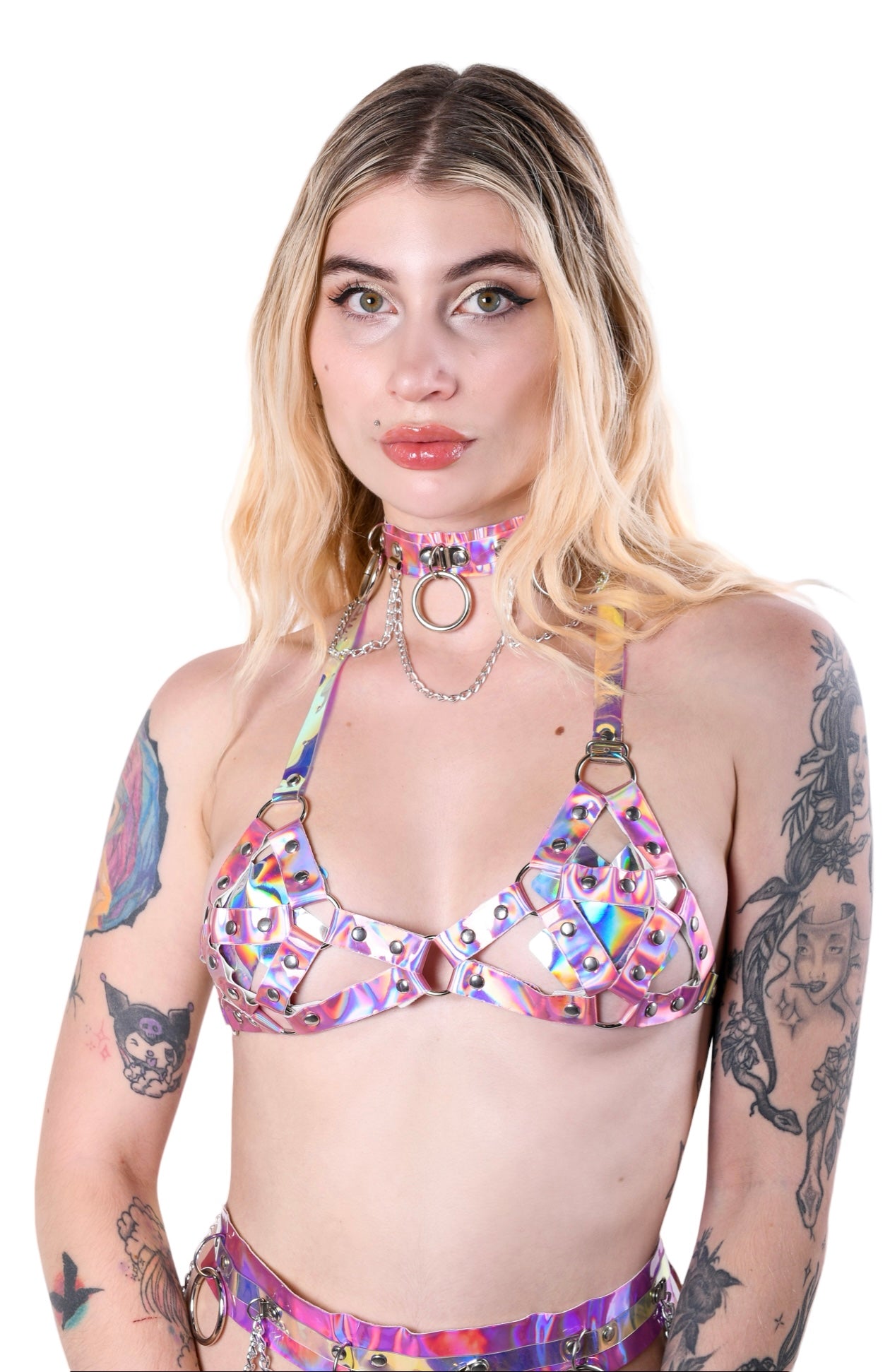 Space Hologram Harness Top & Choker- Baby Pink