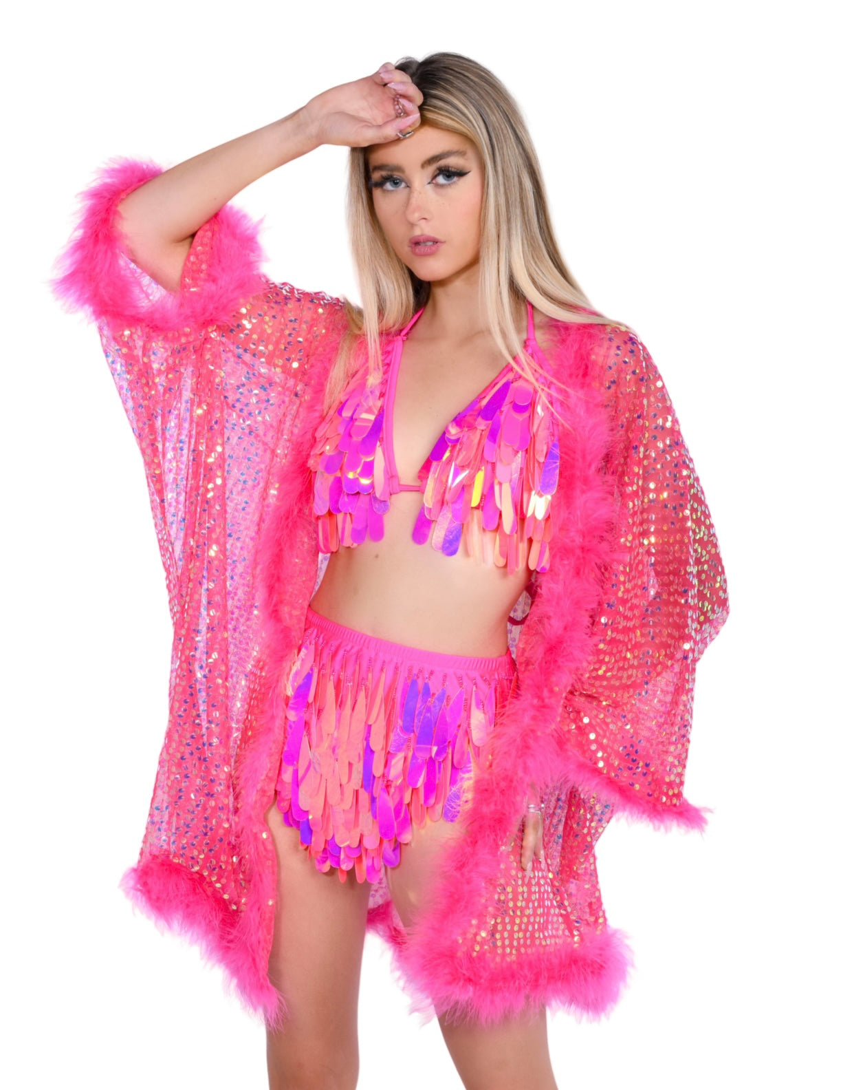 Fuzzy Sequin Kimono- Rose Pink