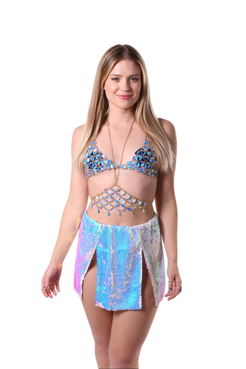 Blue Sequin Body Chain Top