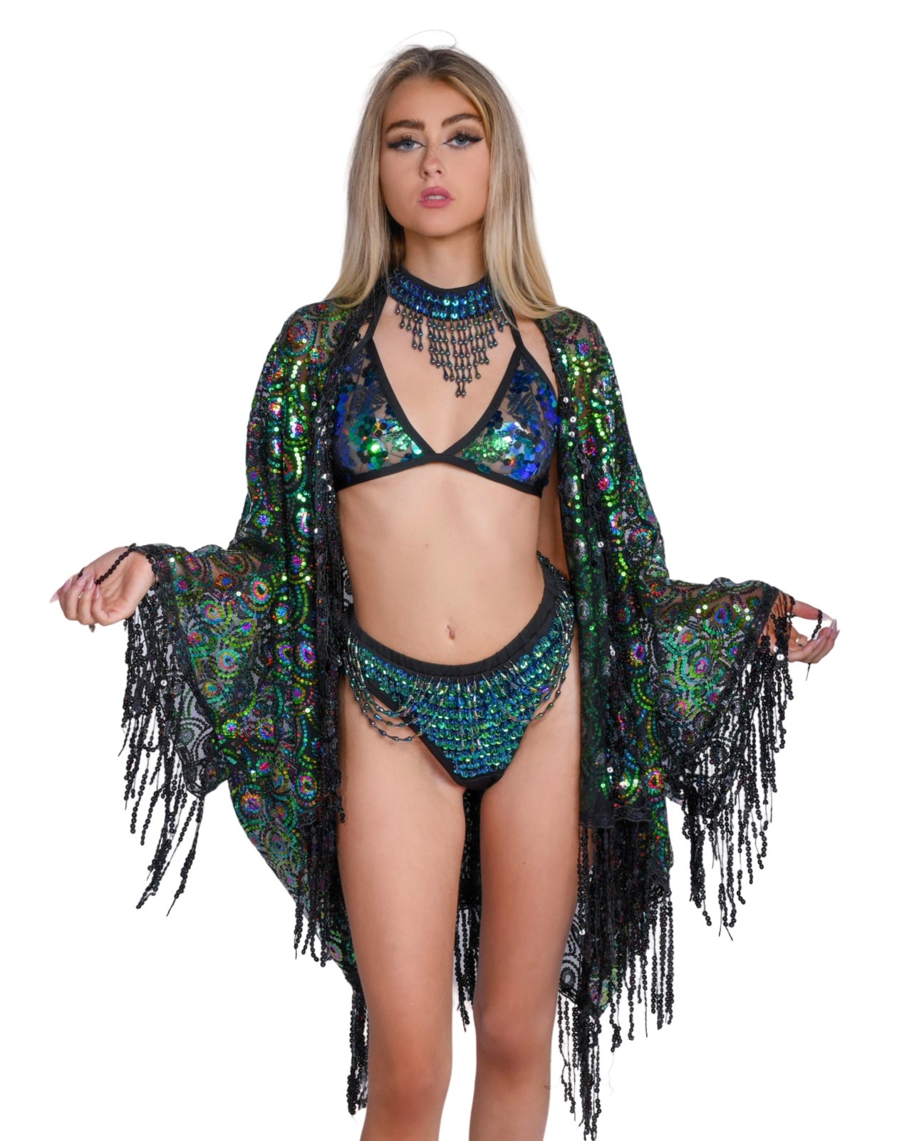Sequin Tassel Kimono- Green Peacock