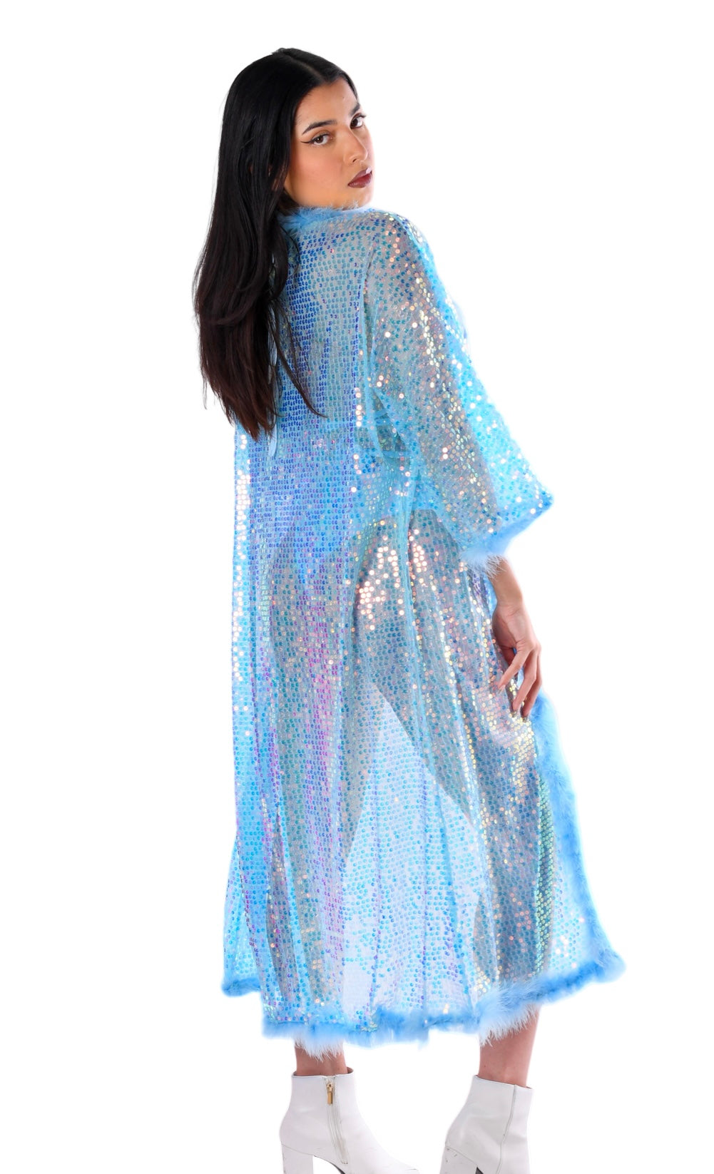 Fuzzy Long Sequin Kimono- Baby Blue