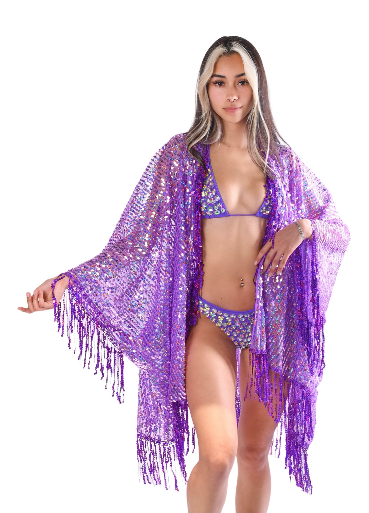 Disco Sequin Tassel Kimono - Purple Holographic