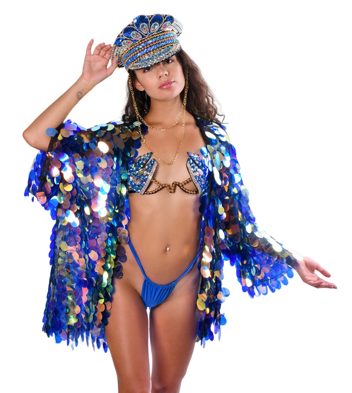 FULL OUTFIT- Blue Peacock (Top+Bottom+Kimono+Hat)