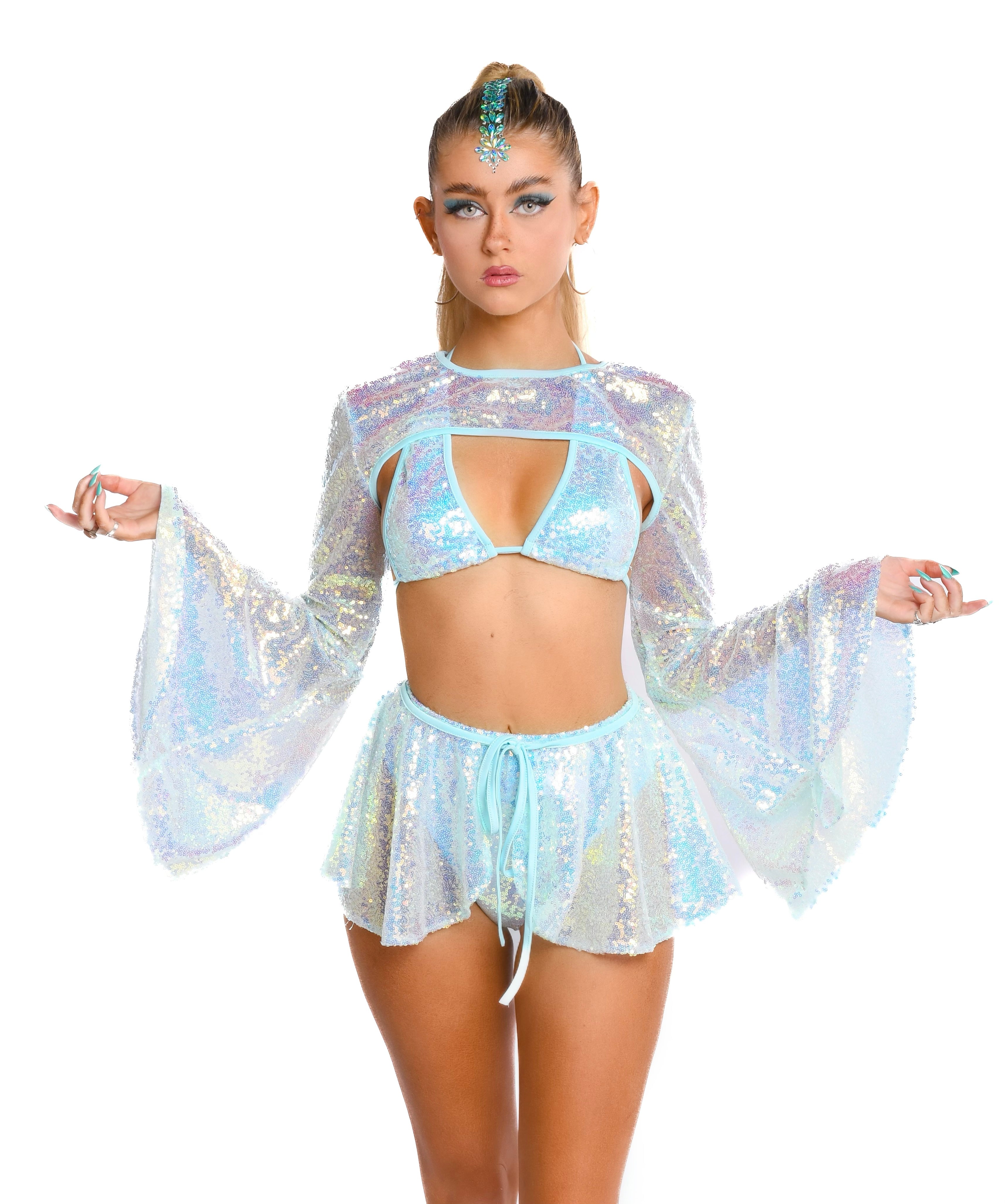 Women Cute Rave Outfits Glitter Halter Tops And Mini Skirt Arm Sleeves, Cute Rave Tops
