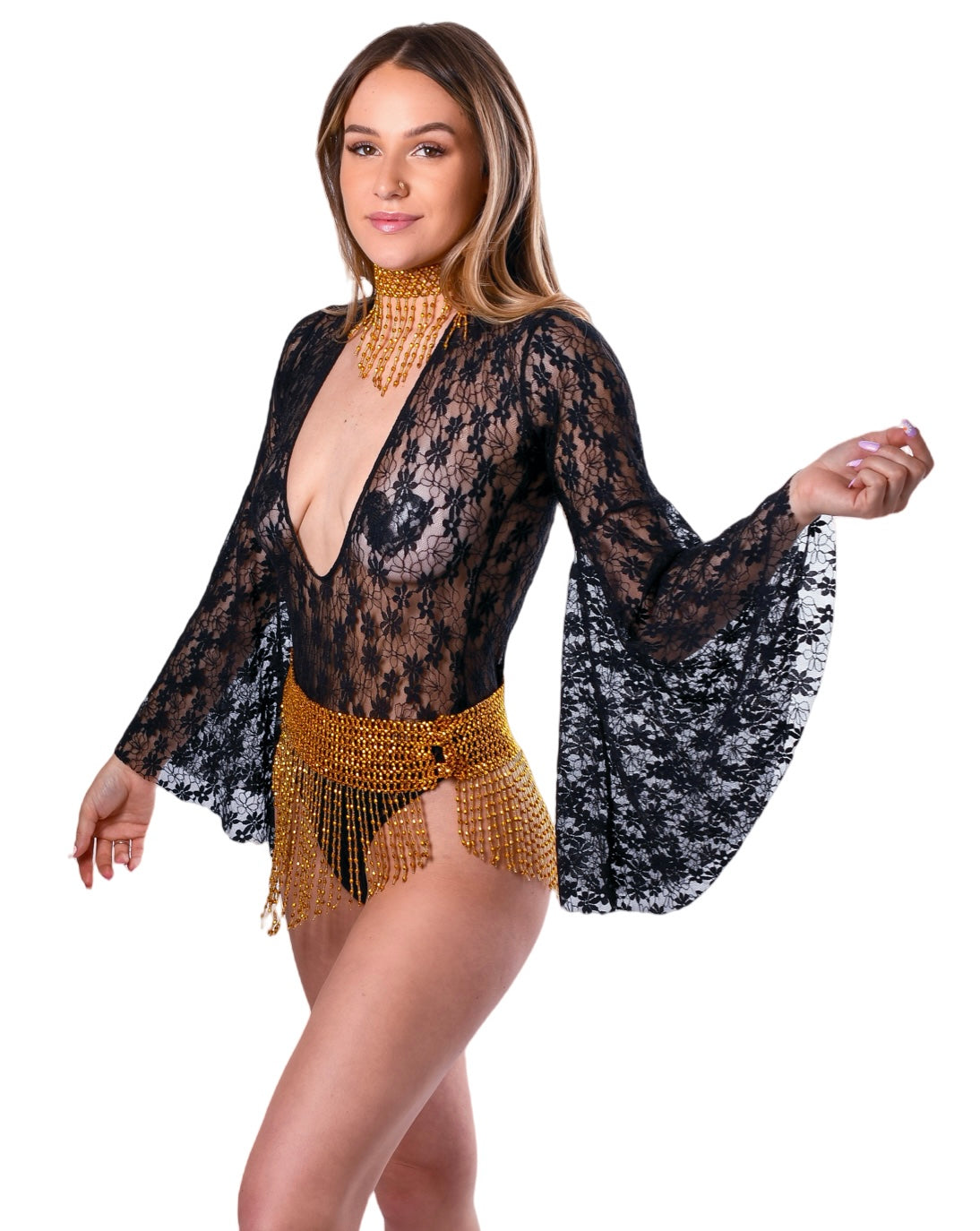 Black Lace Bell Sleeve Bodysuit - Black Lace Bodysuit - Black long Sle – By  Order Of The Queen