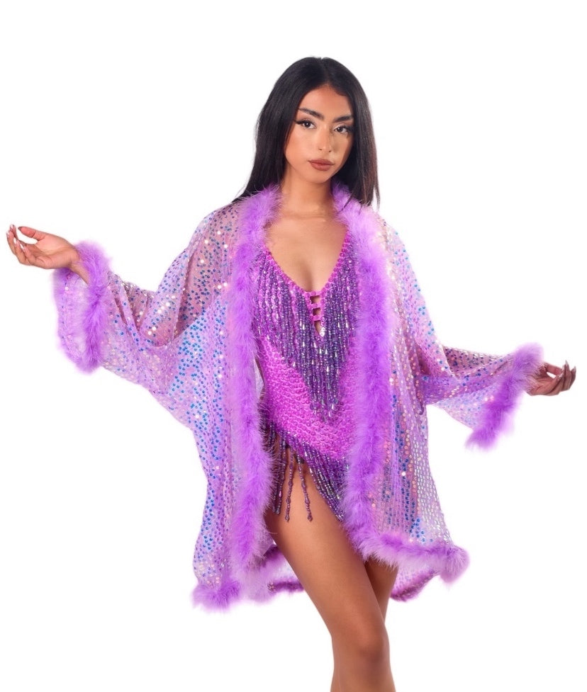 Fuzzy Sequin Kimono- Lavender Dreams