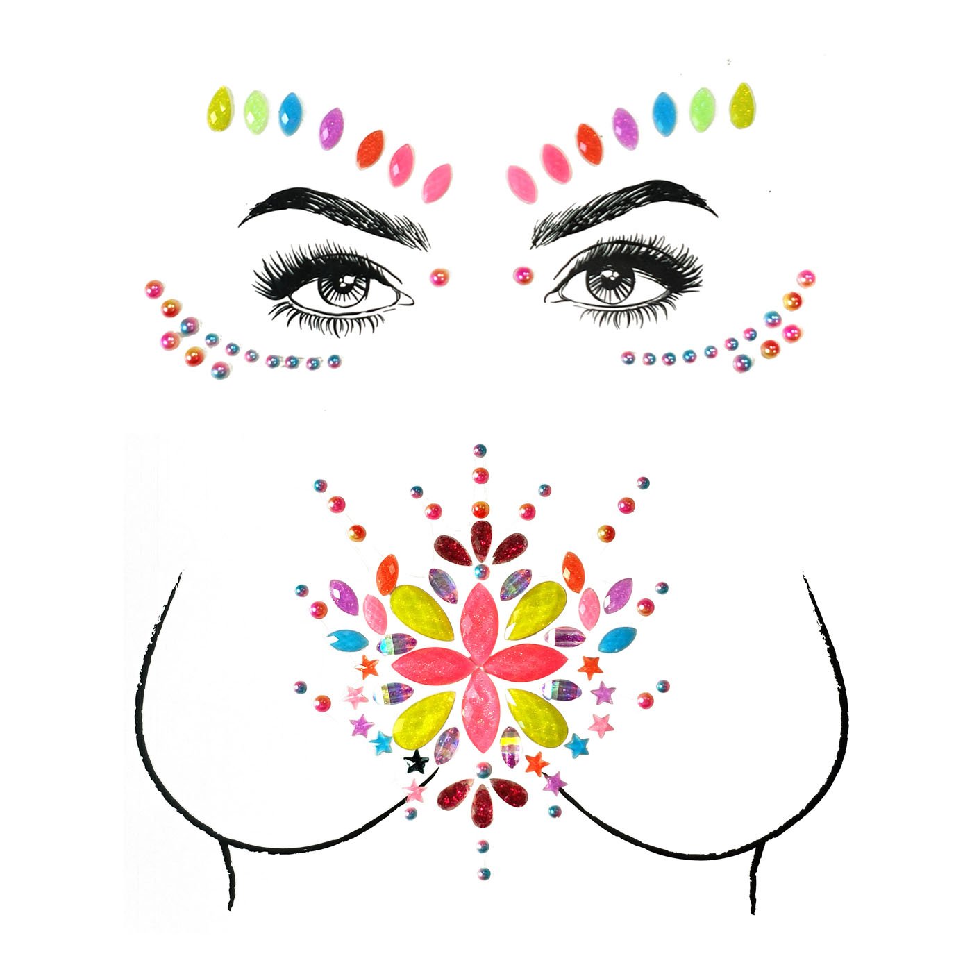 Neon Daisy Rhinestone Crystal Face & Body Jewels Set