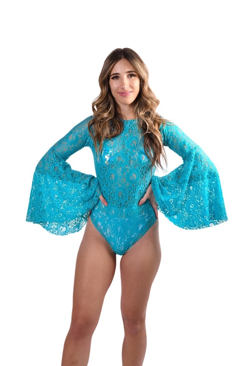 Bell Sleeve Bodysuit- Turquoise Lace