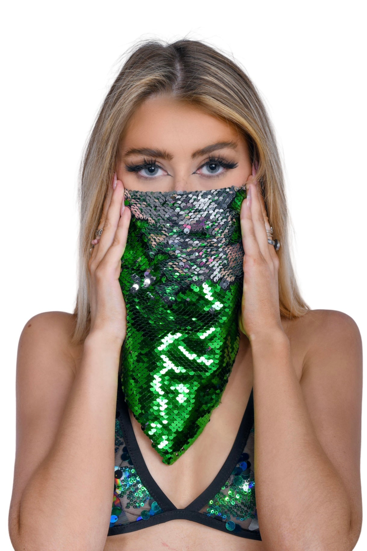 Reversible Sequin Bandana & Face Mask - Silver & Grass