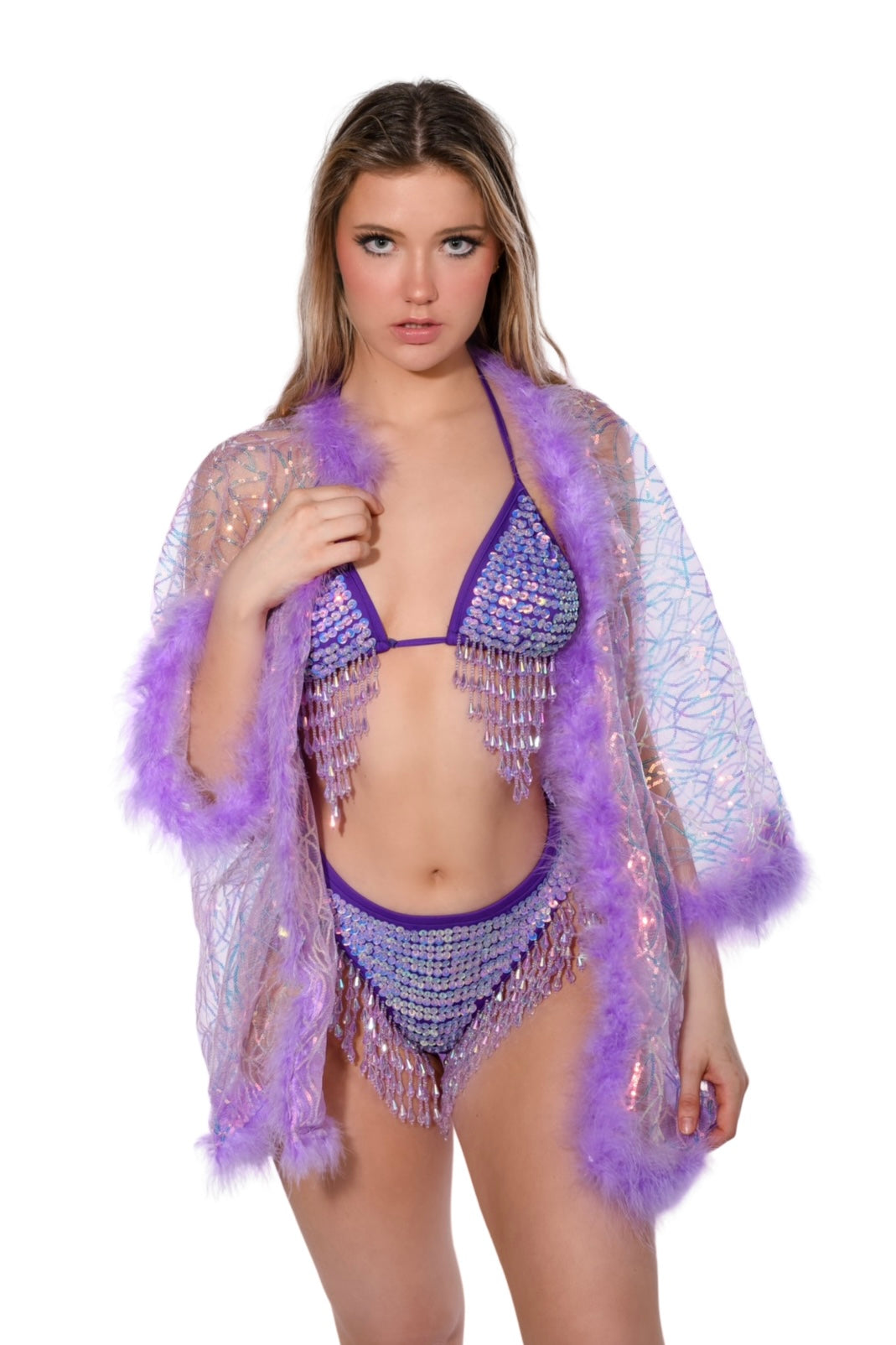 Fuzzy Sequin Kimono- Lilac Pixie