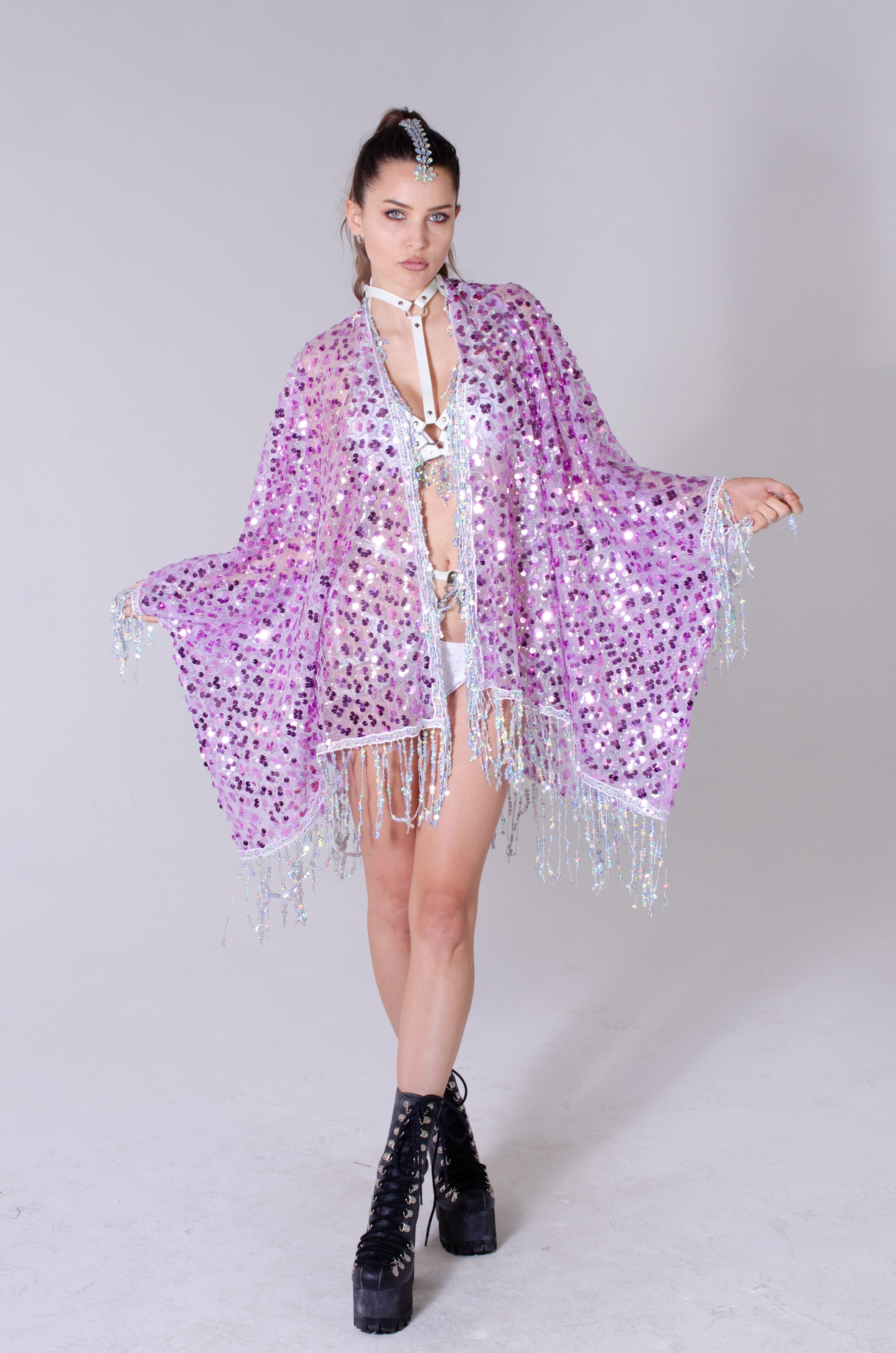 Disco Sequin Tassel Kimono - Lavender