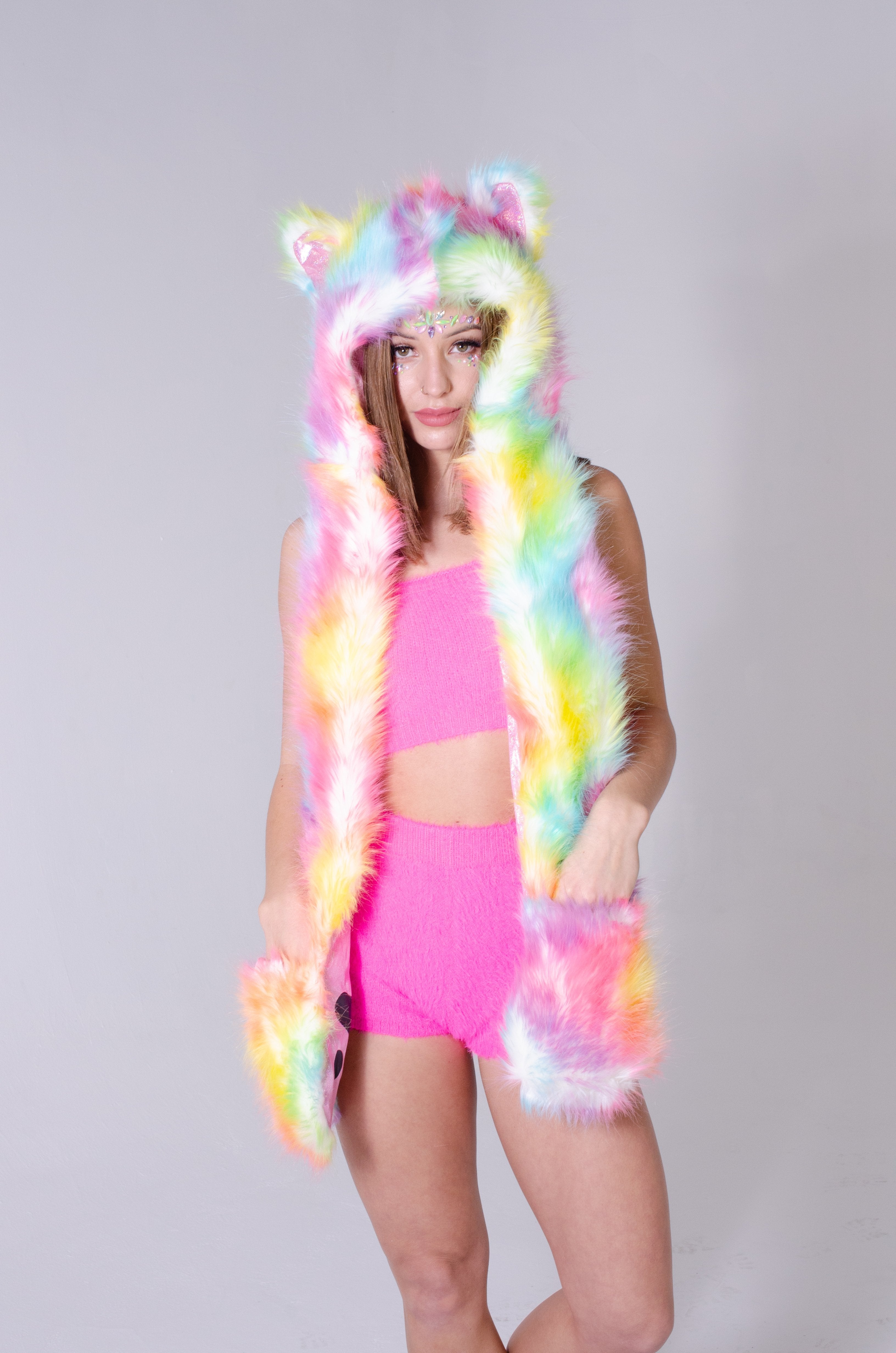 Cotton Candy Tie Dye Animal Fur Hood Rave clothes,rave outfits,edc