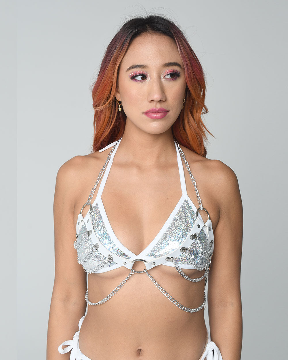 White Vegan Leather Chain Harness Top