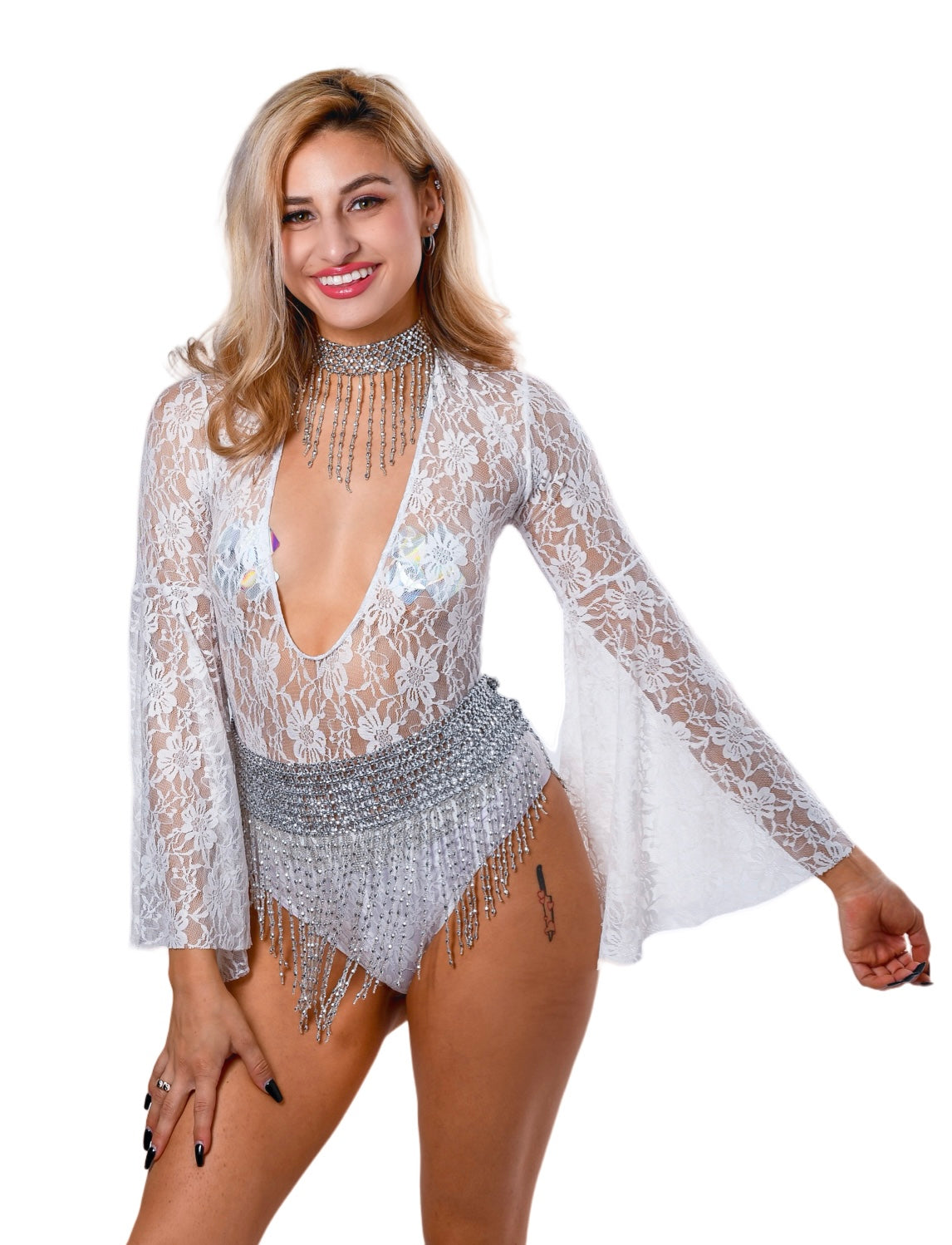 Bell Sleeve Bodysuit- White Lace Rave clothes,rave outfits,edc