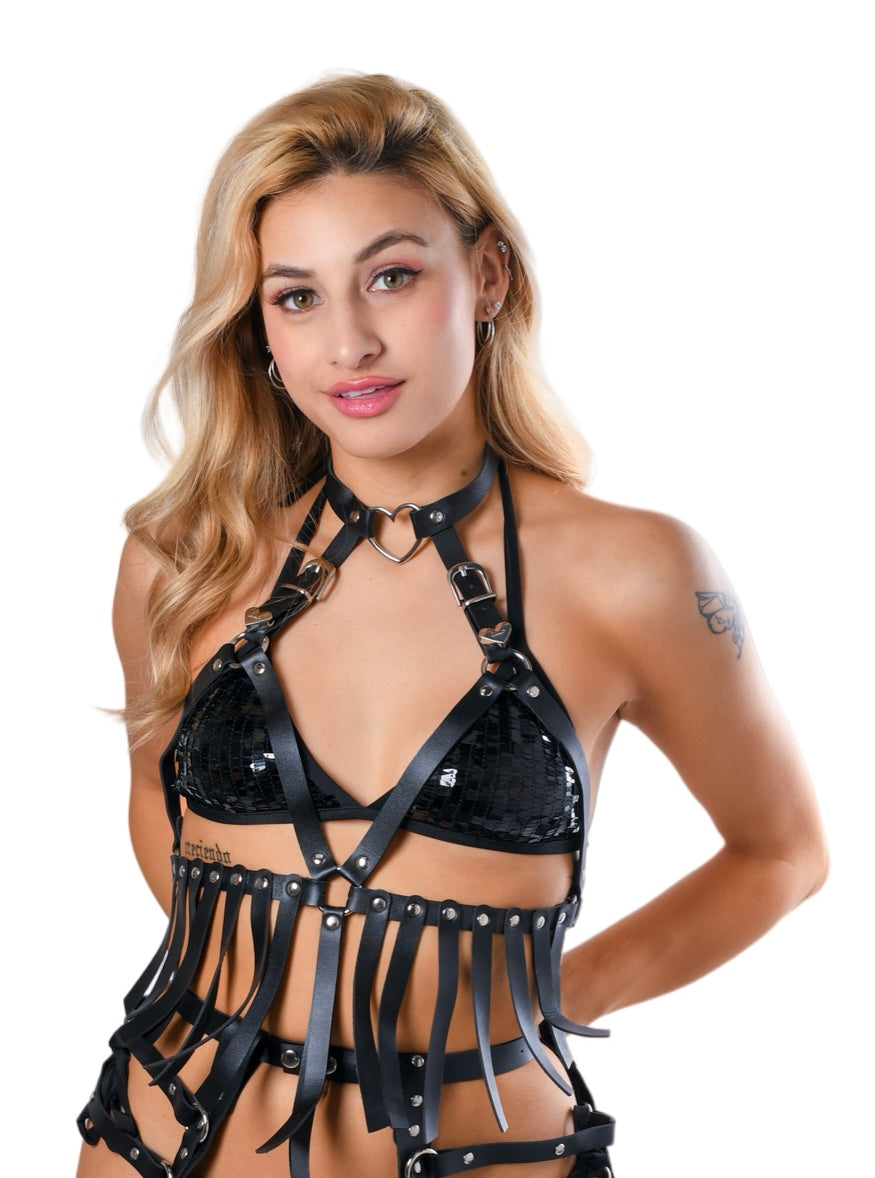 Black Heart Harness Fringe Top