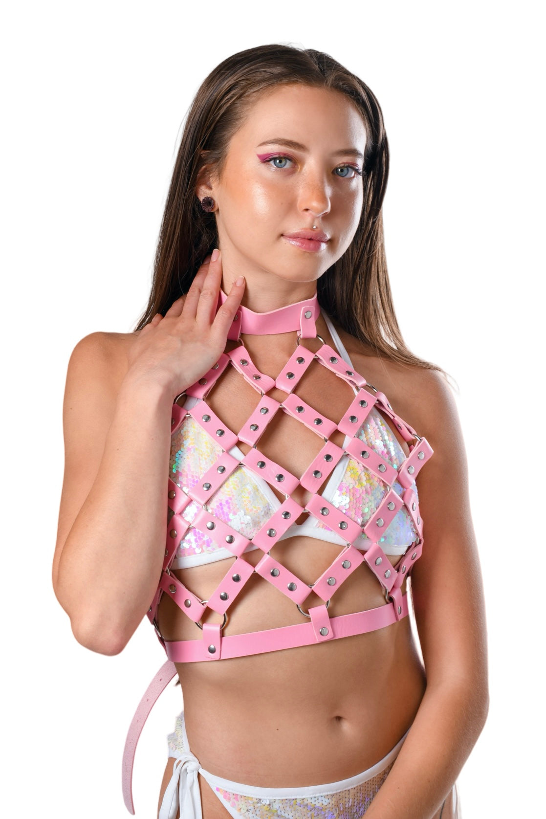 Miss Pink Vegan Leather Harness Halter Top