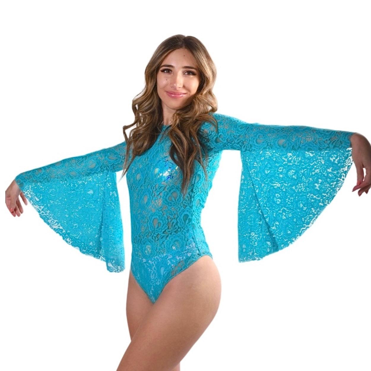 Bell Sleeve Bodysuit- Turquoise Lace