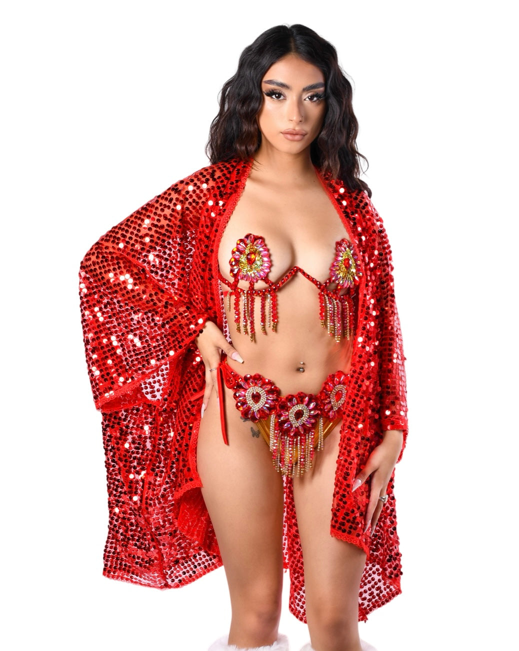 Disco Sequin Kimono - Ruby