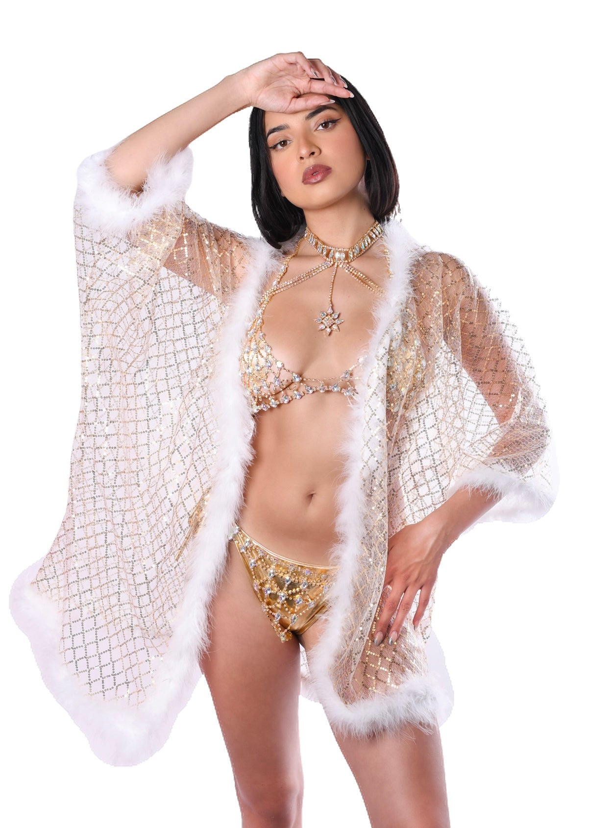 Fuzzy Sequin Kimono- White Glitter