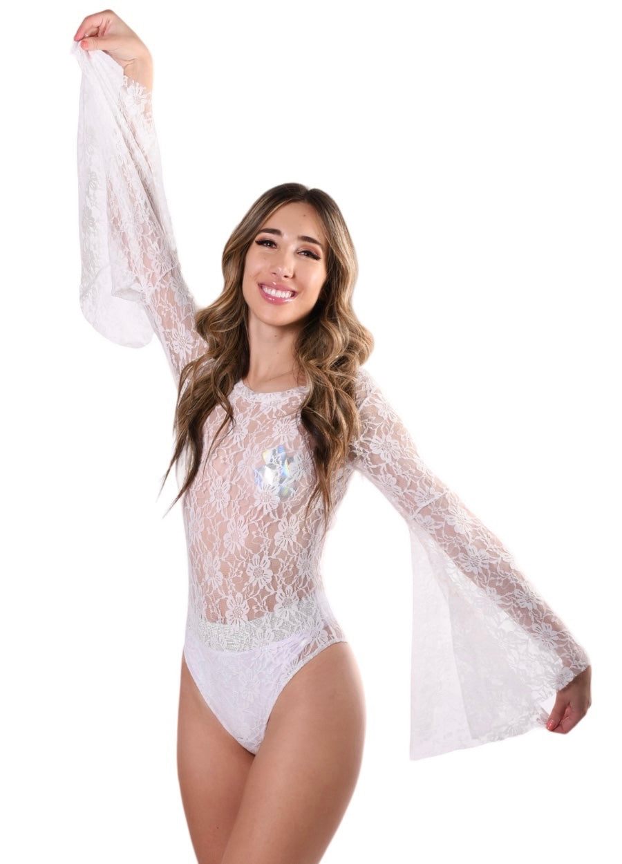 Bell Sleeve Bodysuit- White Lace