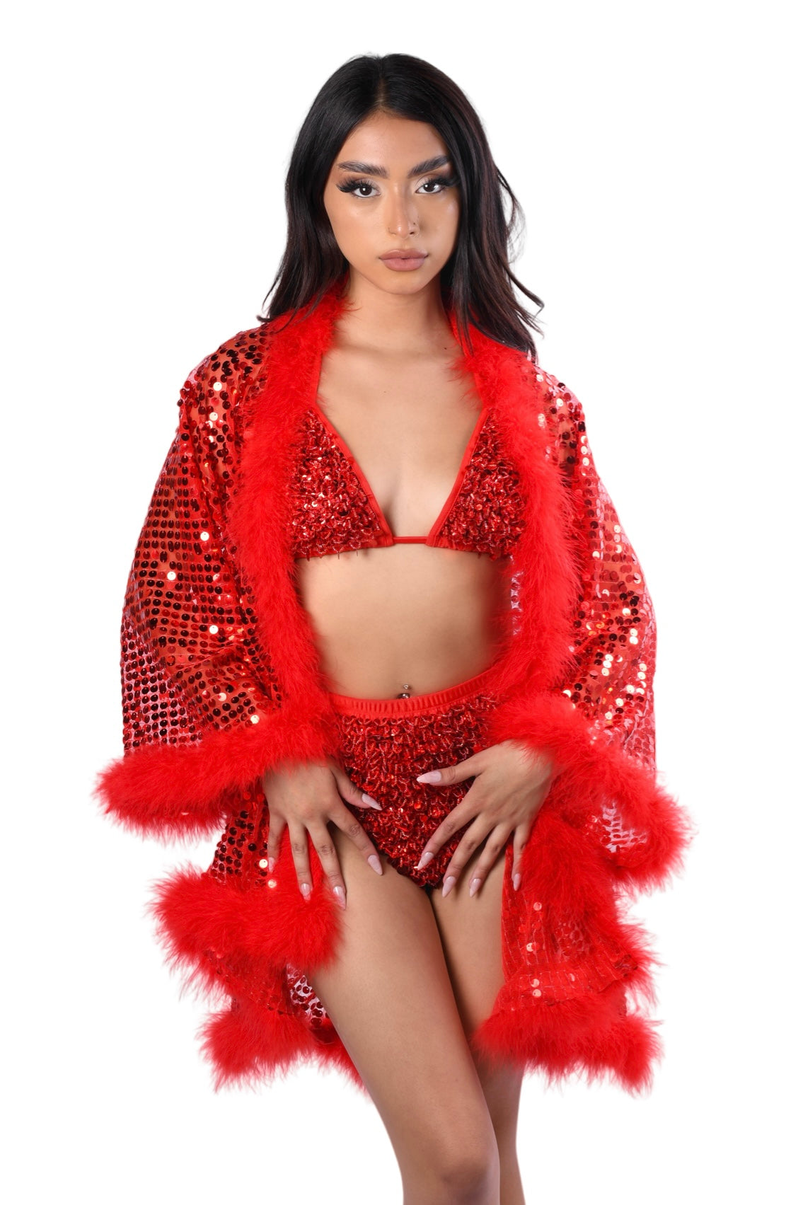 Sequin Fuzzy Kimono- Ruby Red