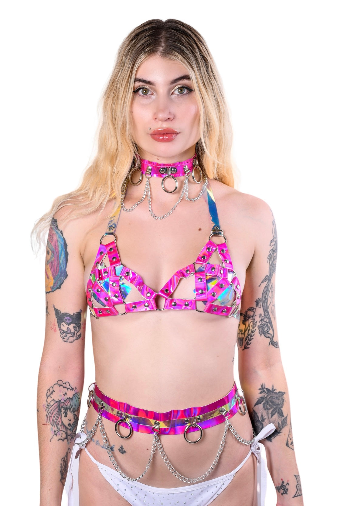 Space Hologram Harness Top-Rose Pink