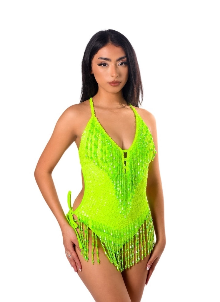 Hand Stitched Bodysuit-Neon Lime
