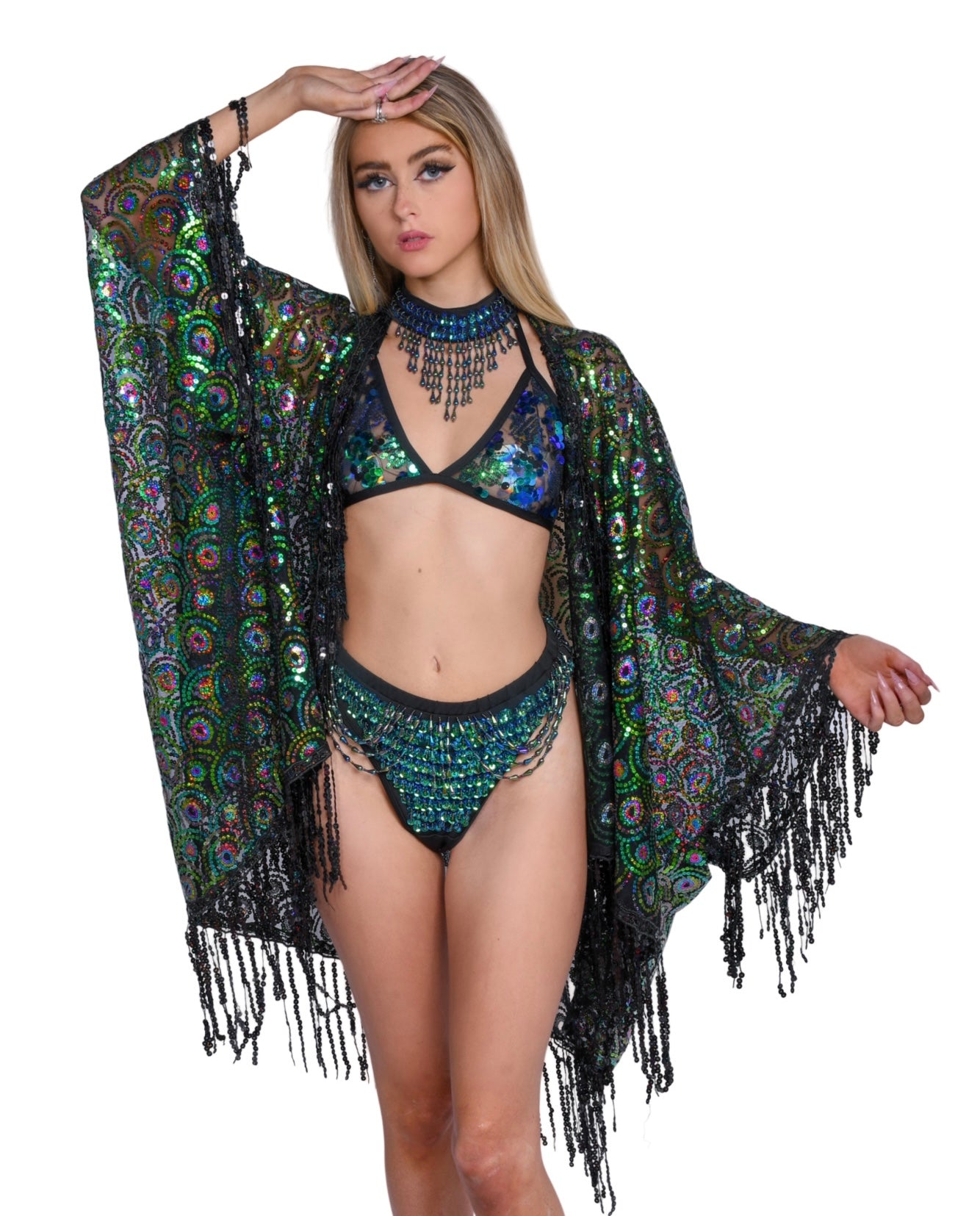 Sequin Tassel Kimono- Green Peacock