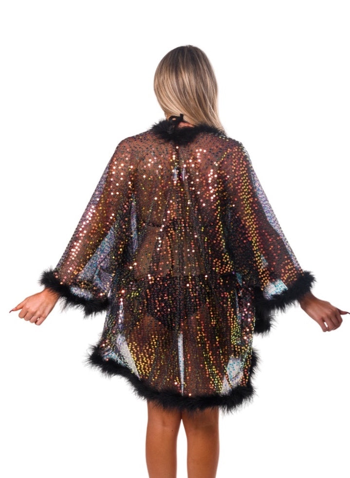 Fuzzy Sequin Kimono- Black Prism